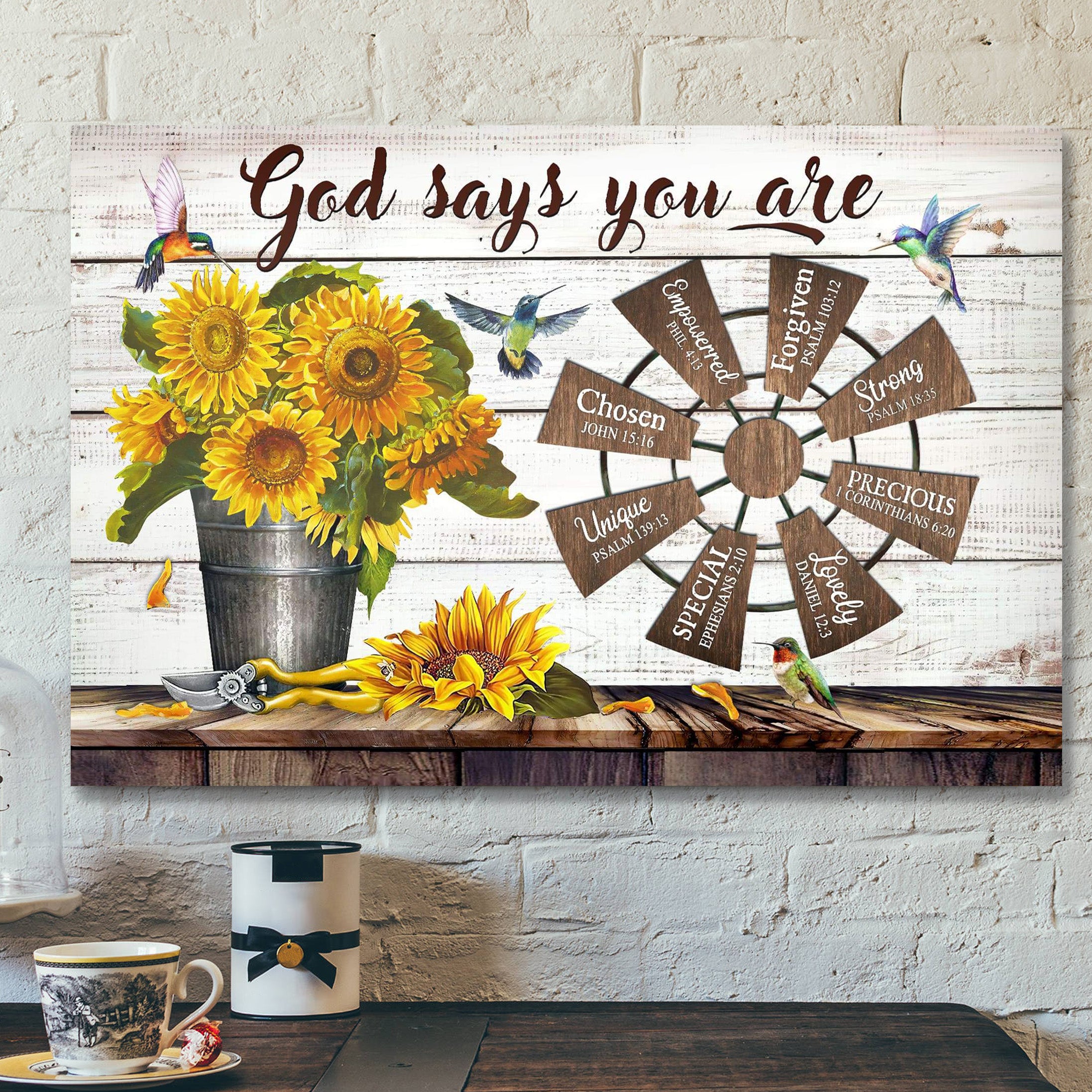 Sunflower And Windmill – God Says You Are – Bible Verse Canvas – Scripture Canvas Wall Art