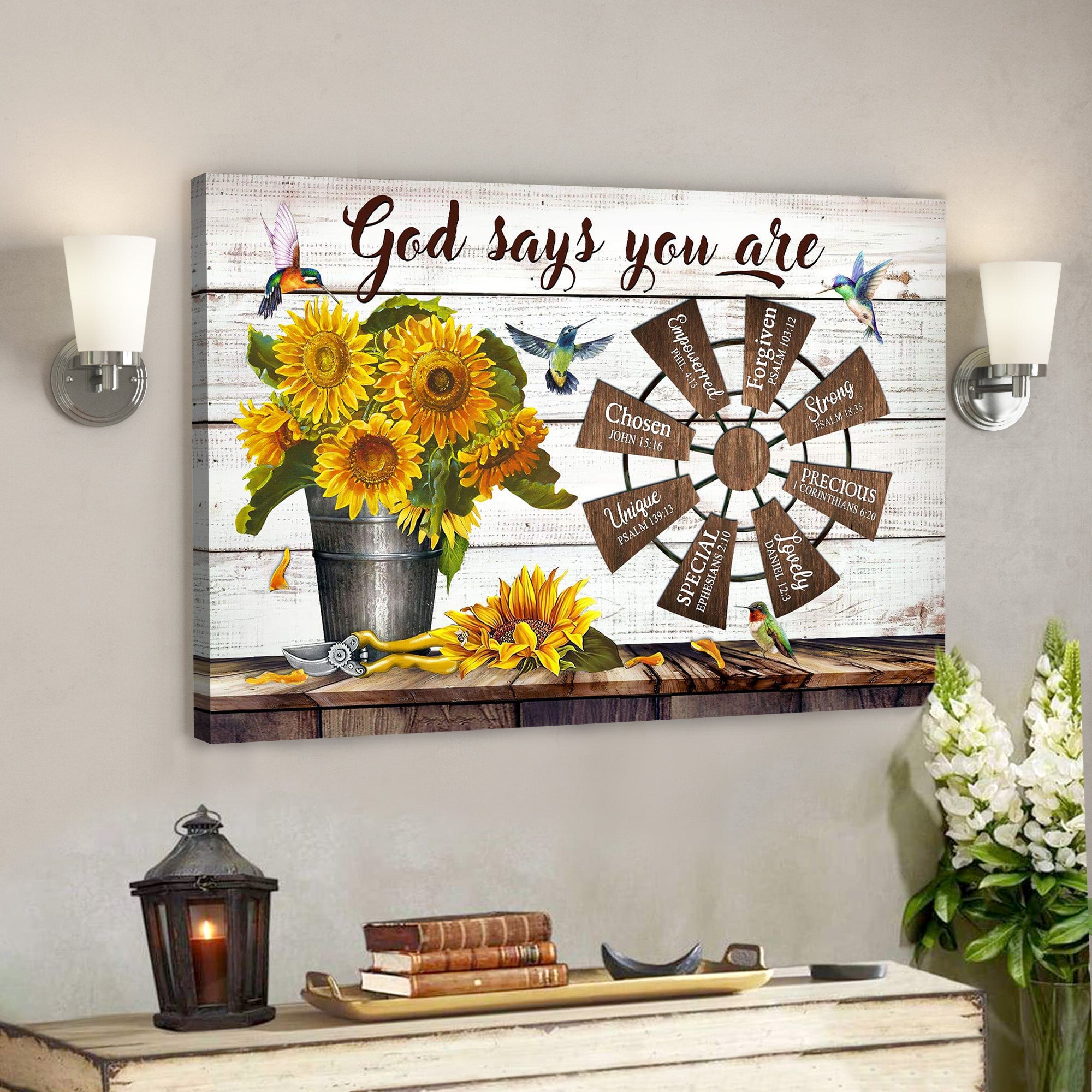 Sunflower And Windmill – God Says You Are – Bible Verse Canvas – Scripture Canvas Wall Art