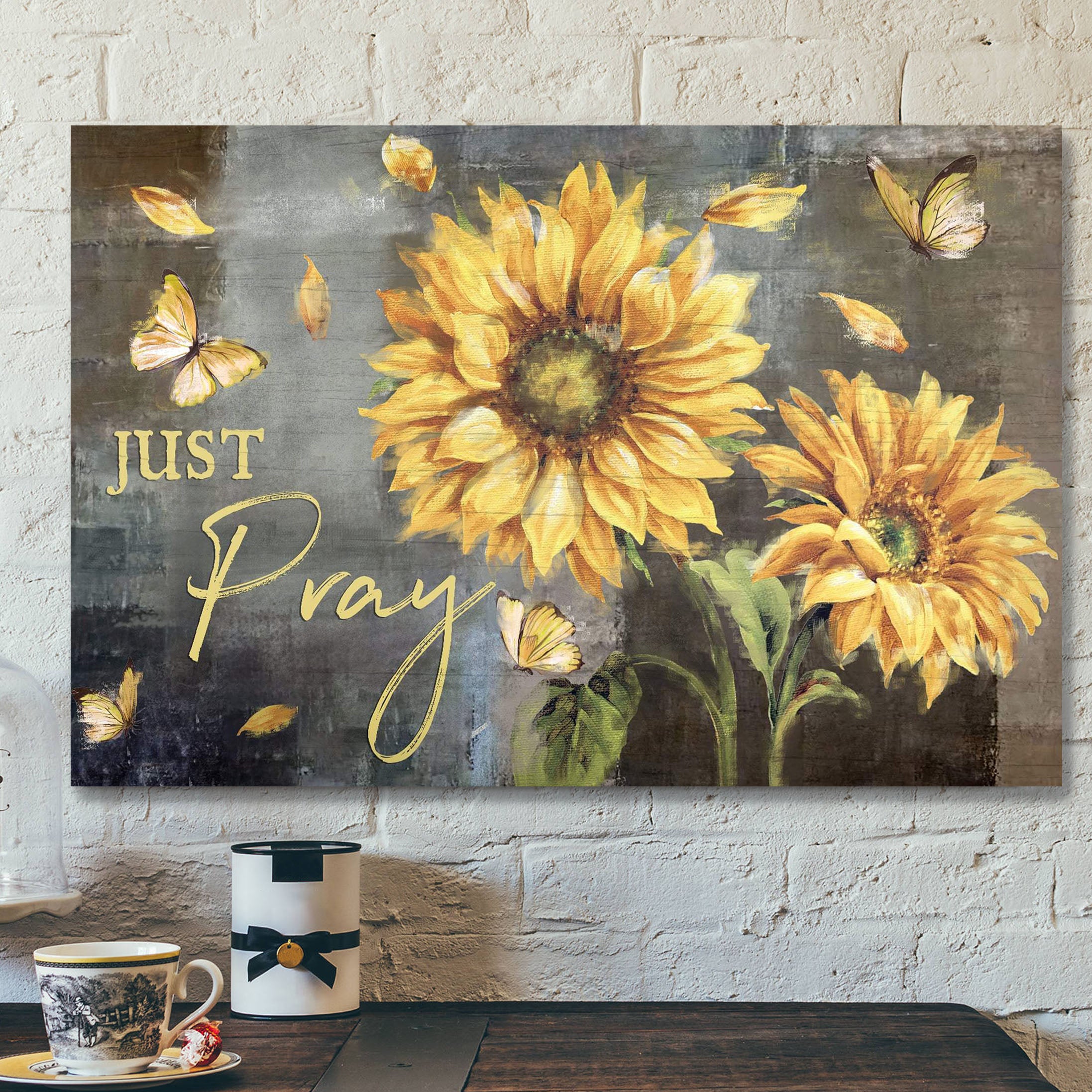 Sunflower And Yellow Butterfly – Just Pray – Bible Verse Canvas – Scripture Canvas Wall Art