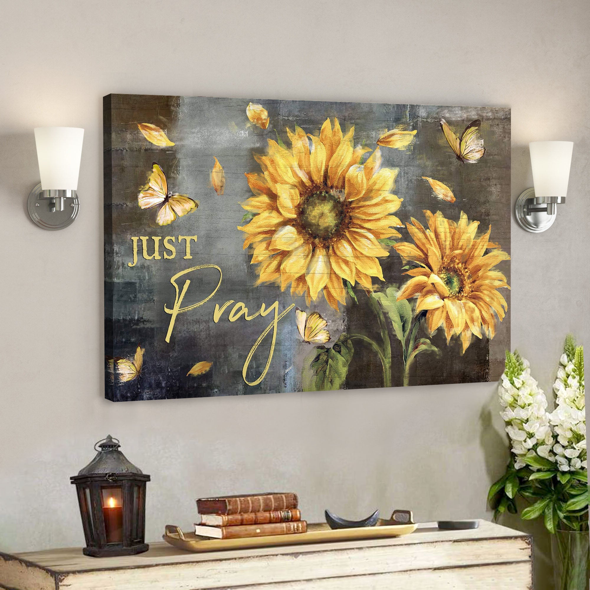 Sunflower And Yellow Butterfly – Just Pray – Bible Verse Canvas – Scripture Canvas Wall Art