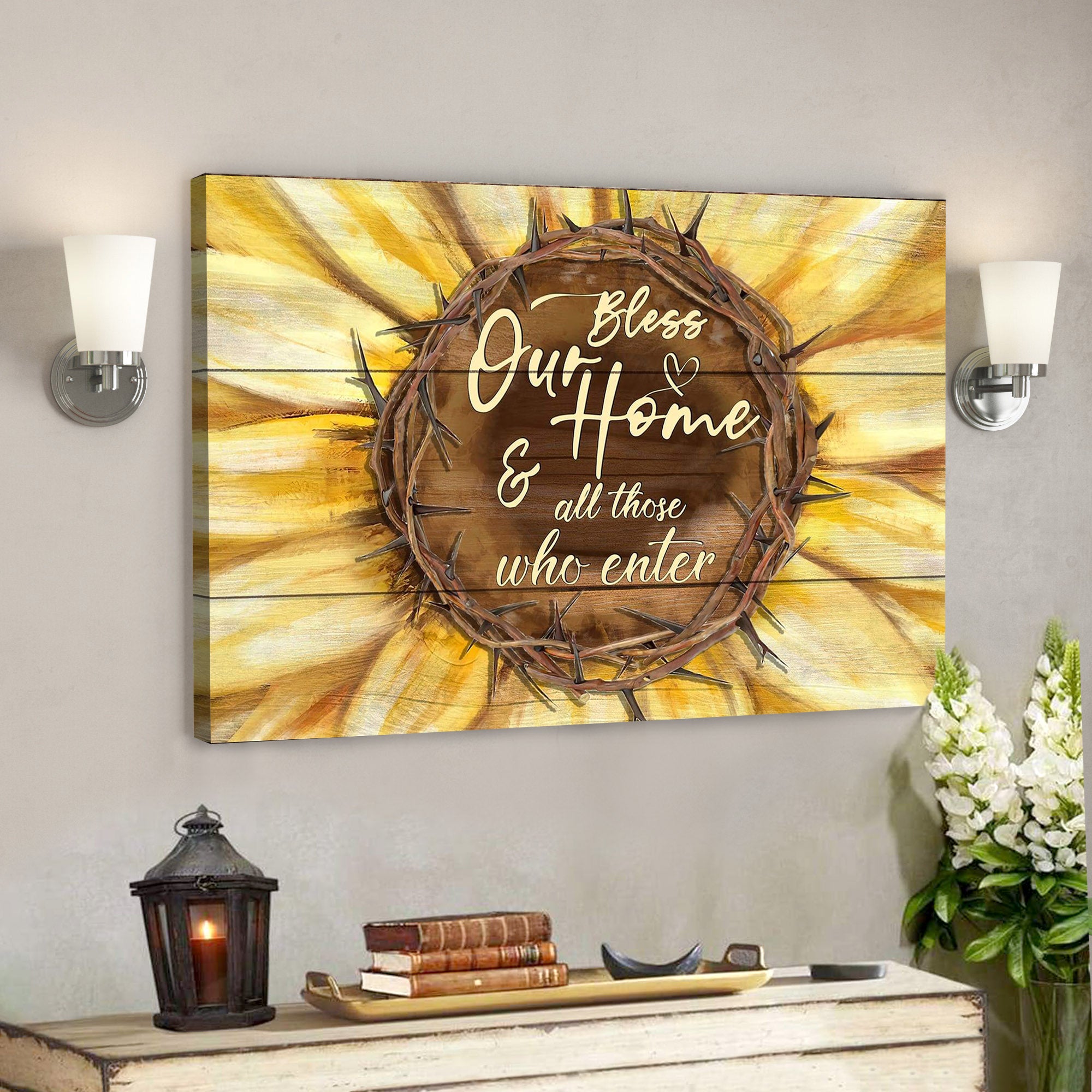 Sunflower – Bless Our Home & All Those Who Enter – Bible Verse Canvas – Scripture Canvas Wall Art