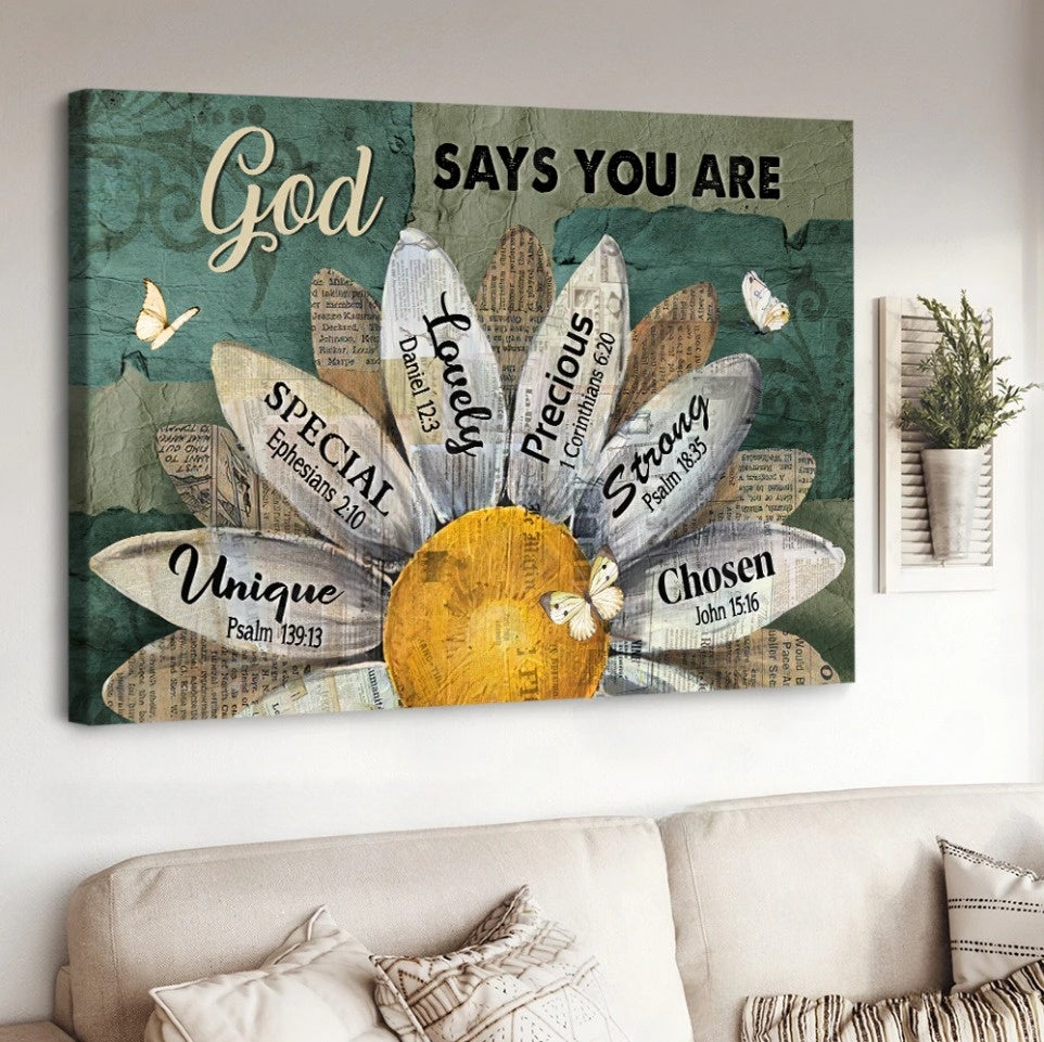 Sunflower Blue Background God Says You Are Canvas Wall Art – Christian Poster – Religious Wall Decor