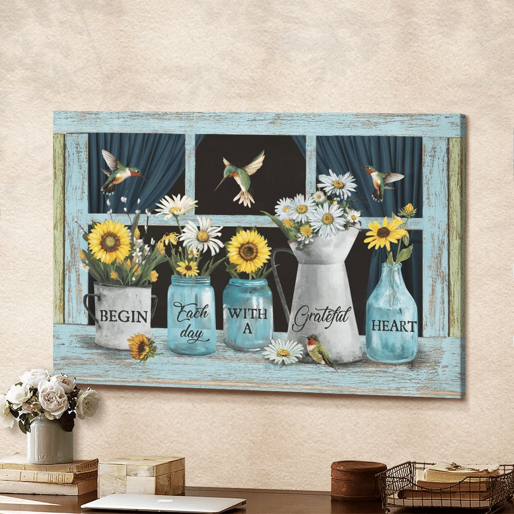 Sunflower Daisy Begin Each Day With A Grateful Heart Christ Canvas Wall Art – Christian Poster – Religious Wall Decor