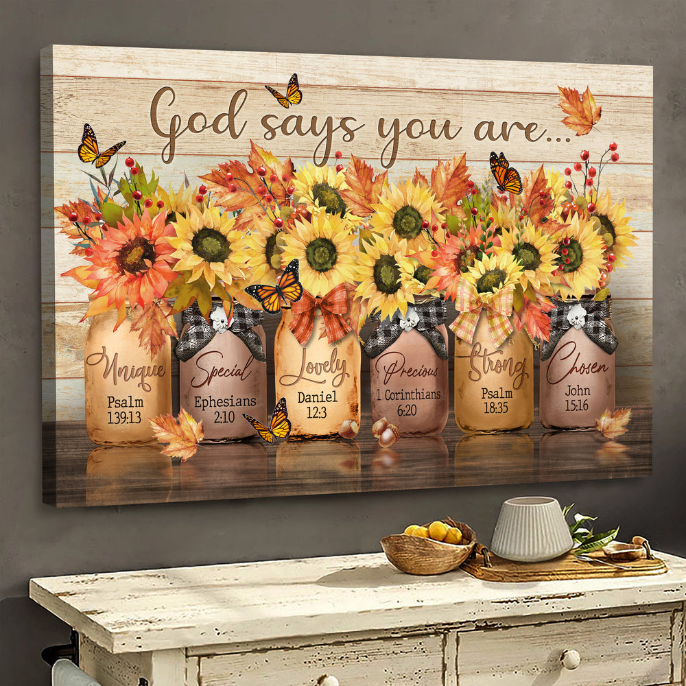 Sunflower Drawing Autumn Painting God Says You Are Canvas Wall Art – Christian Poster – Religious Wall Decor