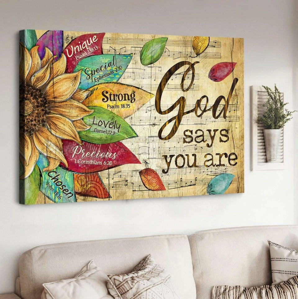 Sunflower Drawing Flower Petals Music Sheet God Says You Are Canvas Wall Art – Christian Poster – Religious Wall Decor