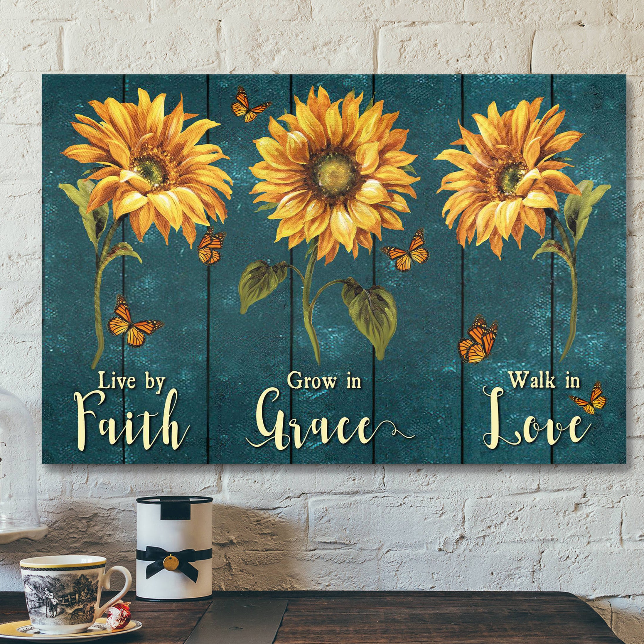 Sunflower – Faith Grace Love – Bible Verse Canvas – Scripture Canvas Wall Art