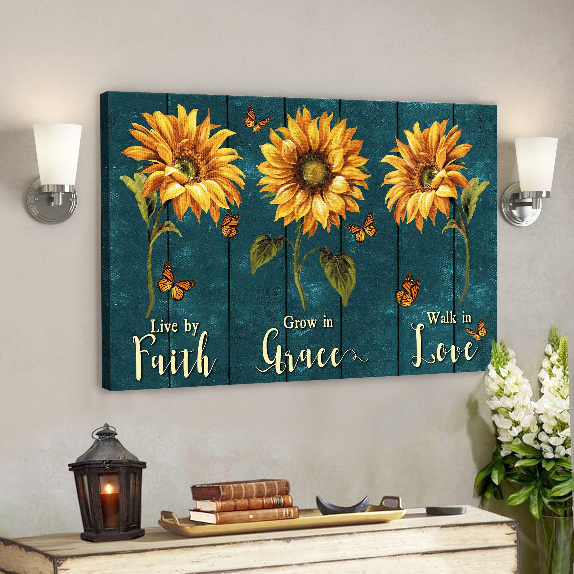 Sunflower – Faith Grace Love – Bible Verse Canvas – Scripture Canvas Wall Art