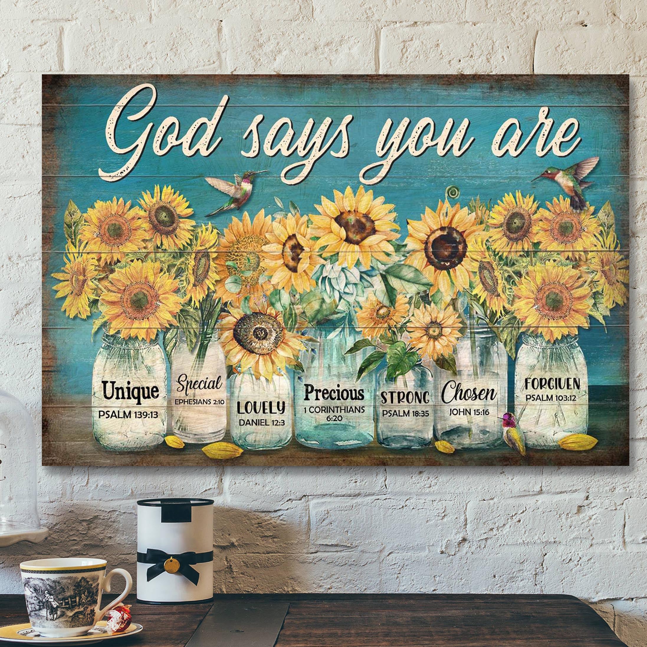 Sunflower Jar – God Says You Are Canvas Wall Art – Bible Verse Canvas – Scripture Canvas Wall Art