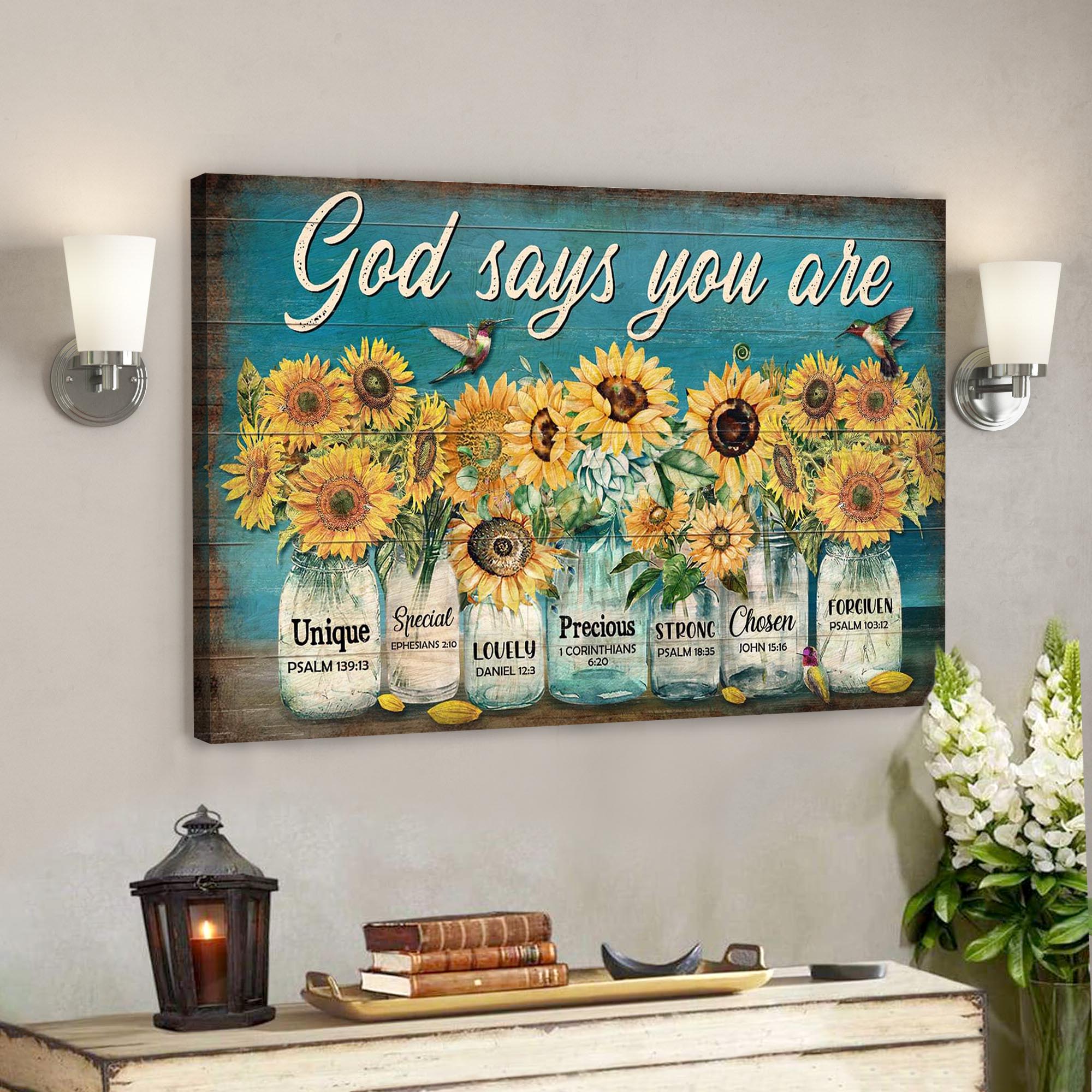 Sunflower Jar – God Says You Are Canvas Wall Art – Bible Verse Canvas – Scripture Canvas Wall Art