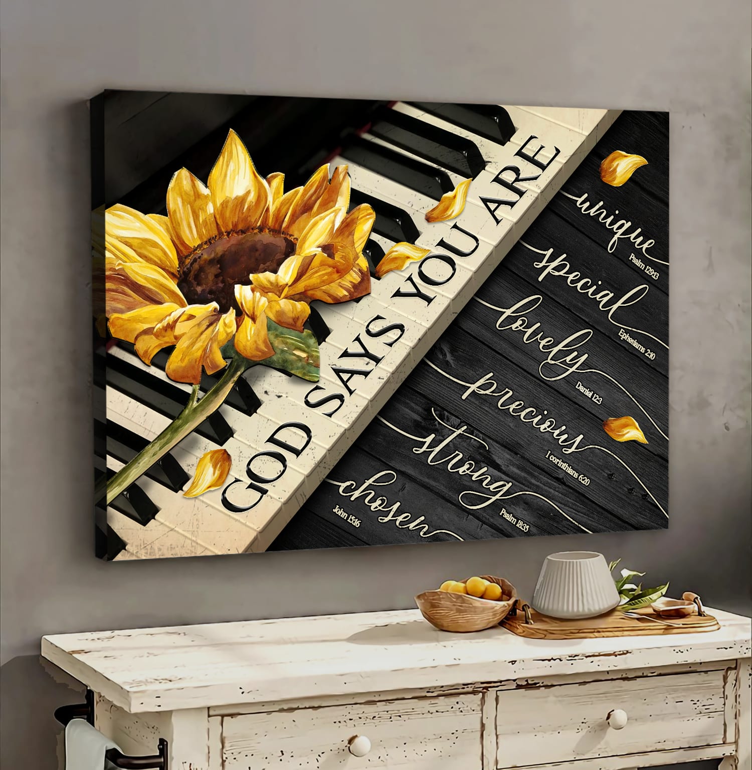 Sunflower On Piano God Says You Are Canvas Wall Art – Christian Poster – Religious Wall Decor