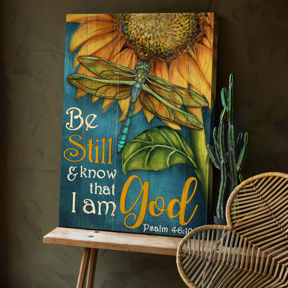 Sunflower Painting Dragonfly Be Still And Know That I Am God Canvas Wall Art – Christian Wall Posters – Religious Wall Decor