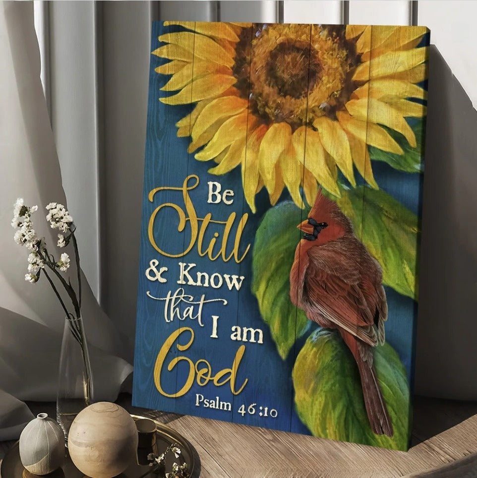 Sunflower Watercolor Cardinal Be Still And Know That I Am God Canvas Wall Art – Christian Wall Posters – Religious Wall Decor