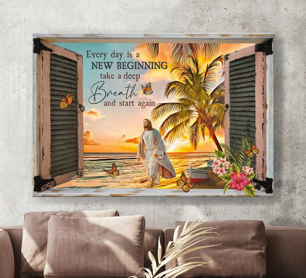 Sunrise Beach Jesus Every Day Is A New Beginning Canvas Wall Art – Jesus Canvas Pictures – Christian Wall Posters