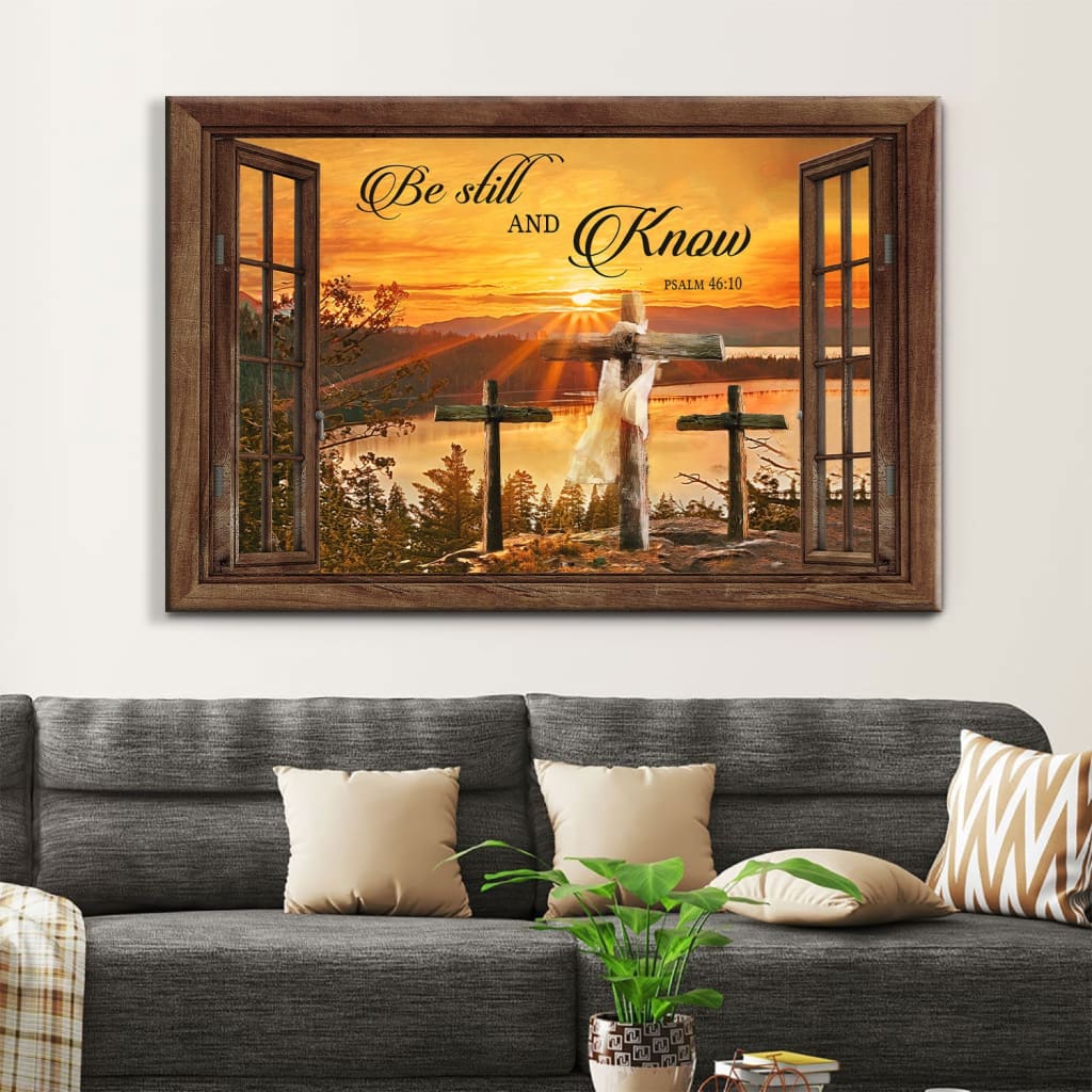 Sunset Cross, Be Still And Know Psalm 4610 Bible Verse Wall Art Canvas – Religious Wall Decor