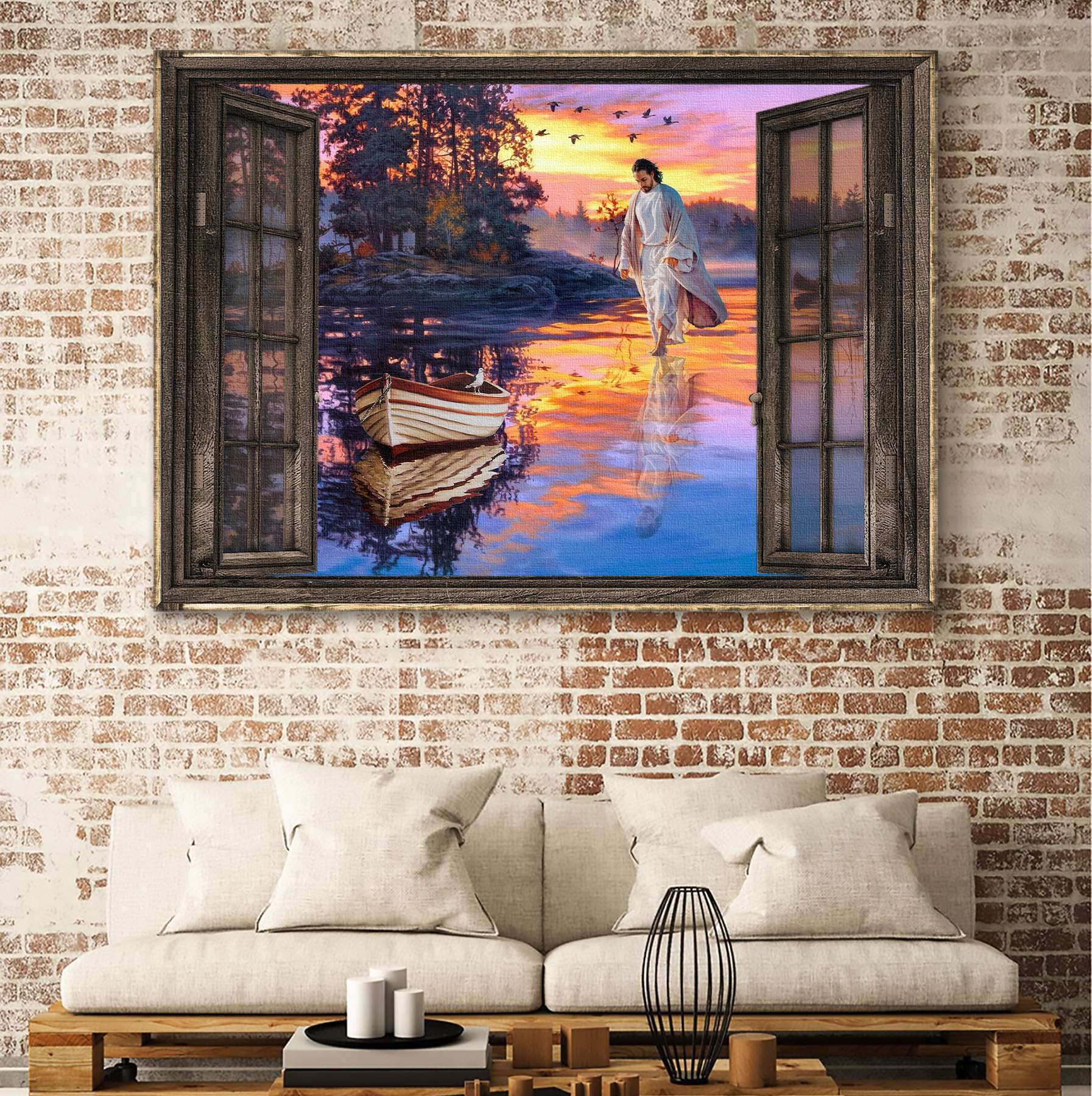 Sunset Through The Windows Jesus Walking On Water Canvas Wall Art – Jesus Canvas Pictures – Christian Wall Posters