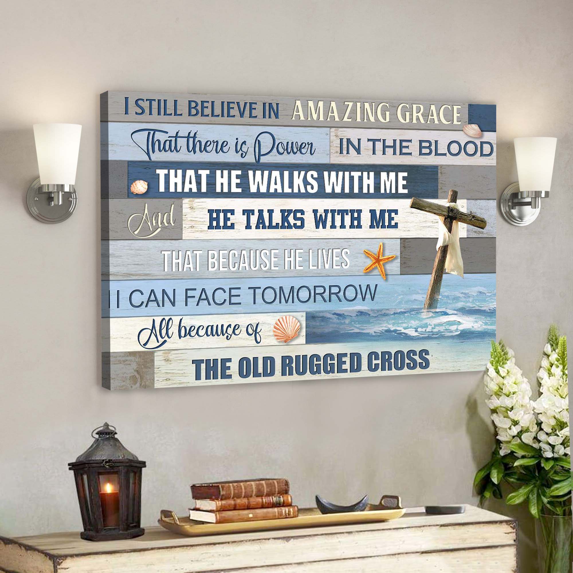 The Cross On The Ocean – I Still Believe In Amazing Grace Canvas Wall Art – Bible Verse Canvas – Scripture Canvas Wall Art