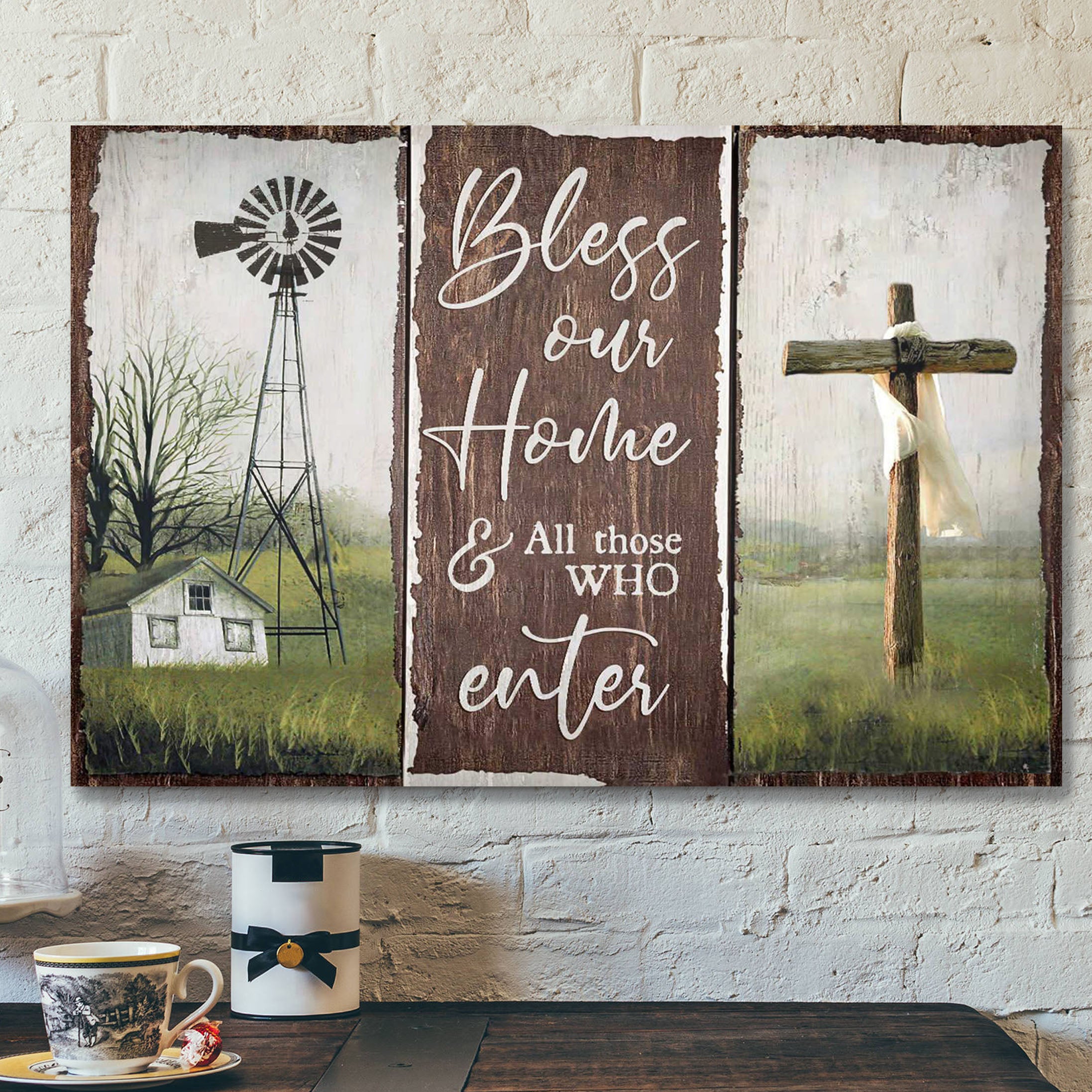 The Cross With Farm Windmill – Bless Our Home And All Those Who Enter – Bible Verse Canvas – Scripture Canvas Wall Art