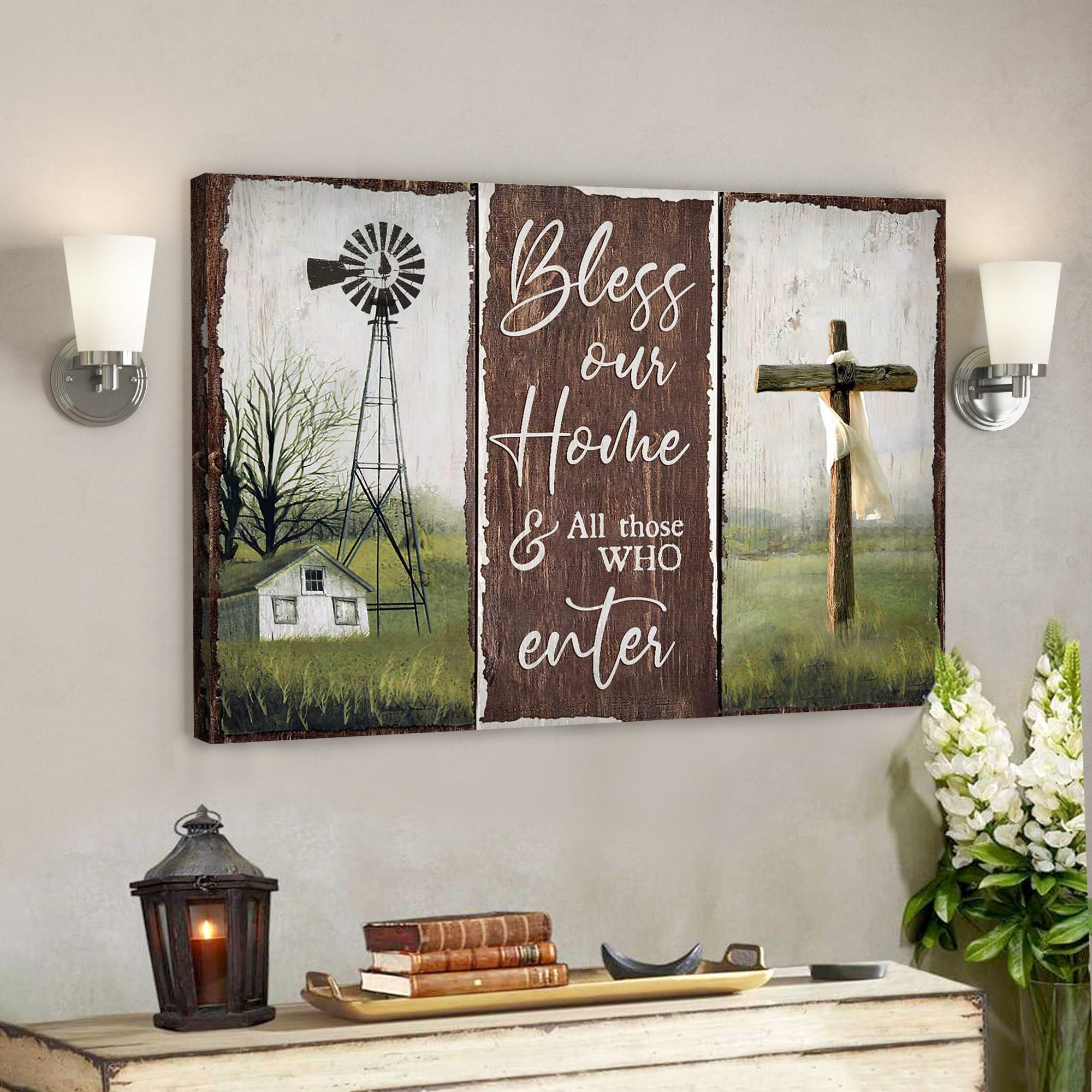 The Cross With Farm Windmill – Bless Our Home And All Those Who Enter – Bible Verse Canvas – Scripture Canvas Wall Art