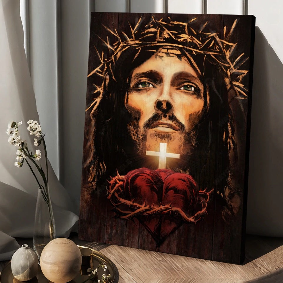 The Face Of Jesus Heart Crown Of Thorn Canvas Wall Art – Christian Wall Posters – Religious Wall Decor