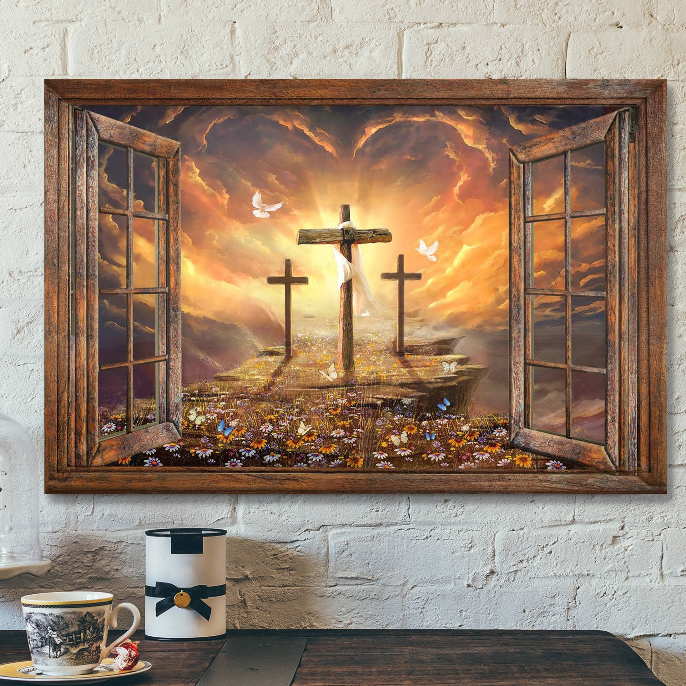 Three Crosses Canvas Prints – 3 Crosses On A Hill Painting – Christian Wall Art