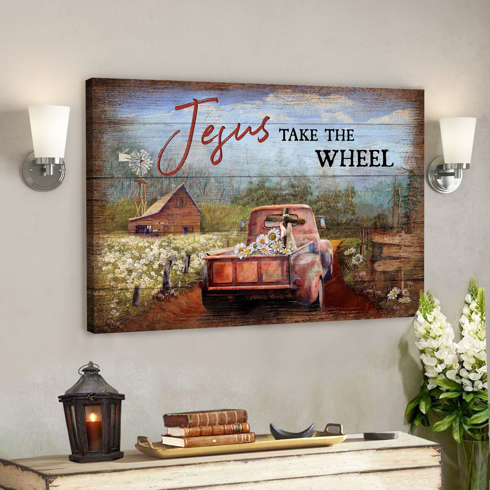 Truck On Farm – Jesus Take The Wheel – Bible Verse Canvas – Scripture Canvas Wall Art