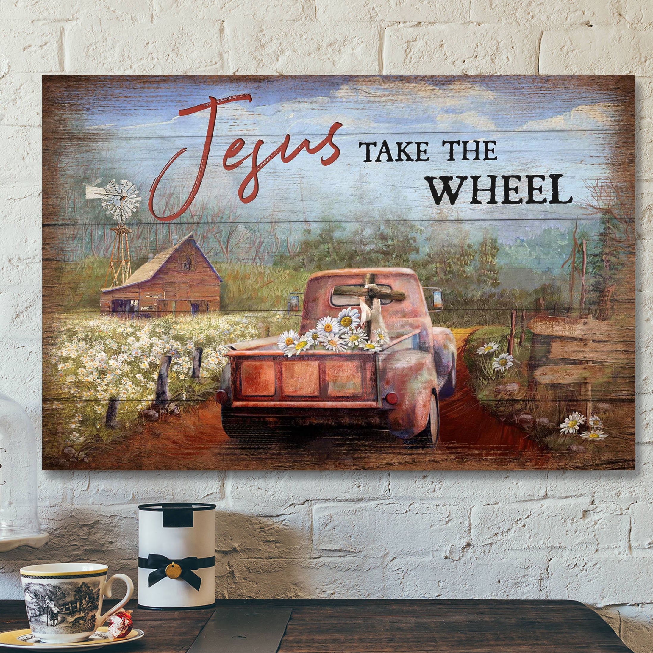 Truck On Farm – Jesus Take The Wheel – Bible Verse Canvas – Scripture Canvas Wall Art