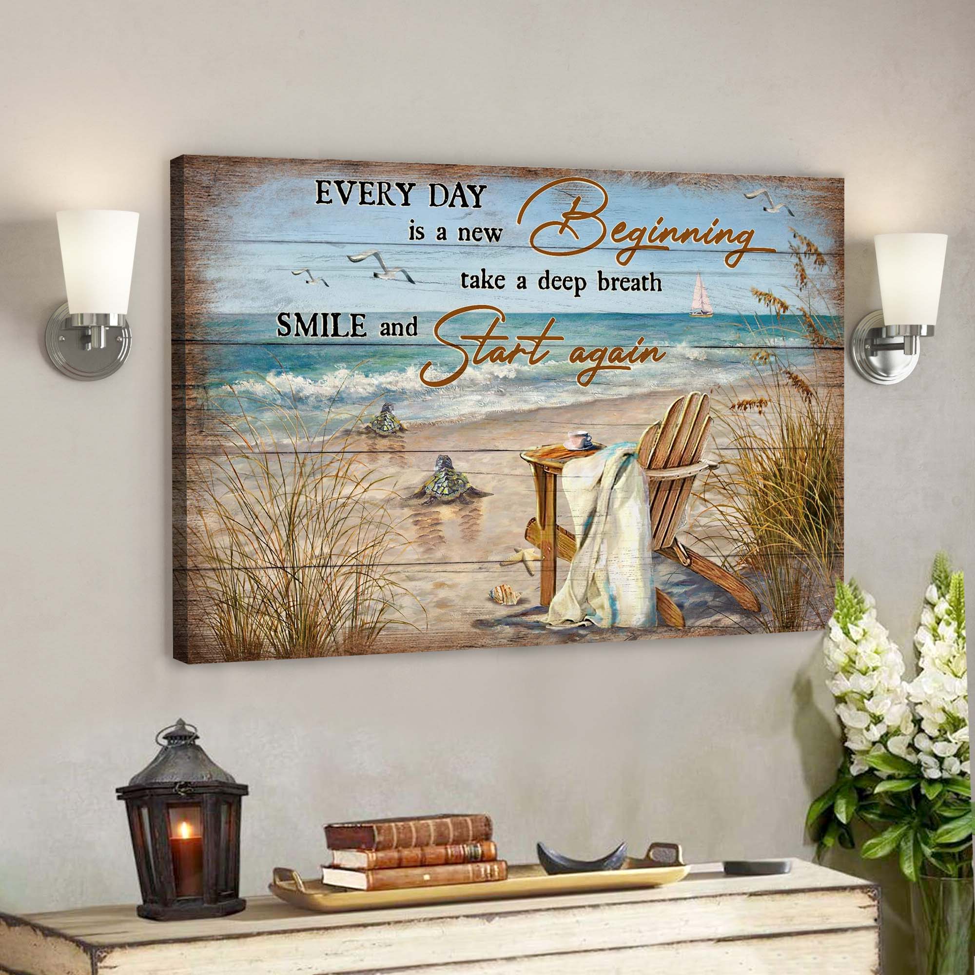 Turtle To The Beach – Every Day Is A New Beginning Canvas Wall Art – Bible Verse Canvas – Scripture Canvas Wall Art