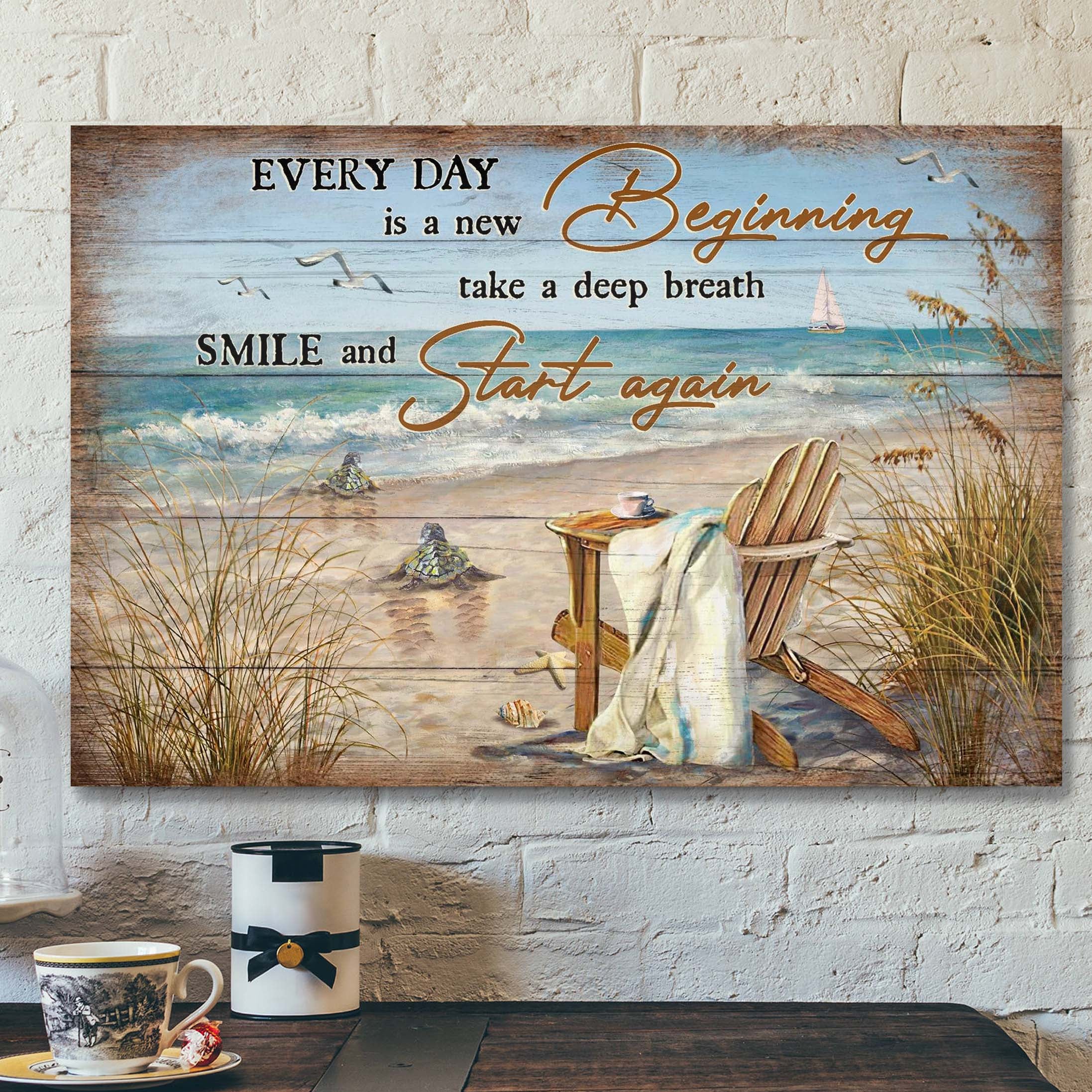 Turtle To The Beach – Every Day Is A New Beginning Canvas Wall Art – Bible Verse Canvas – Scripture Canvas Wall Art