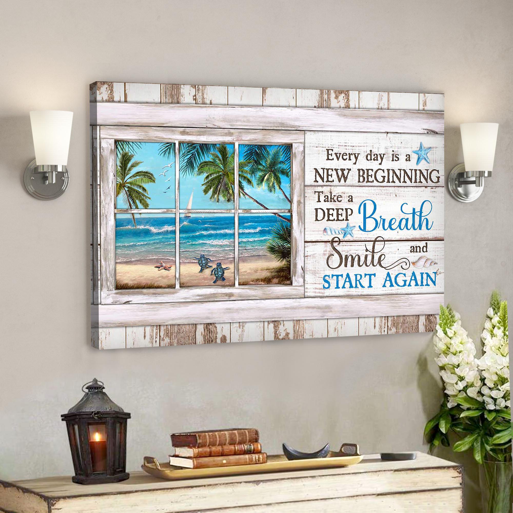 Turtle With Beach Landscape – Everyday Is A New Beginning Canvas Wall Art – Bible Verse Canvas – Scripture Canvas Wall Art