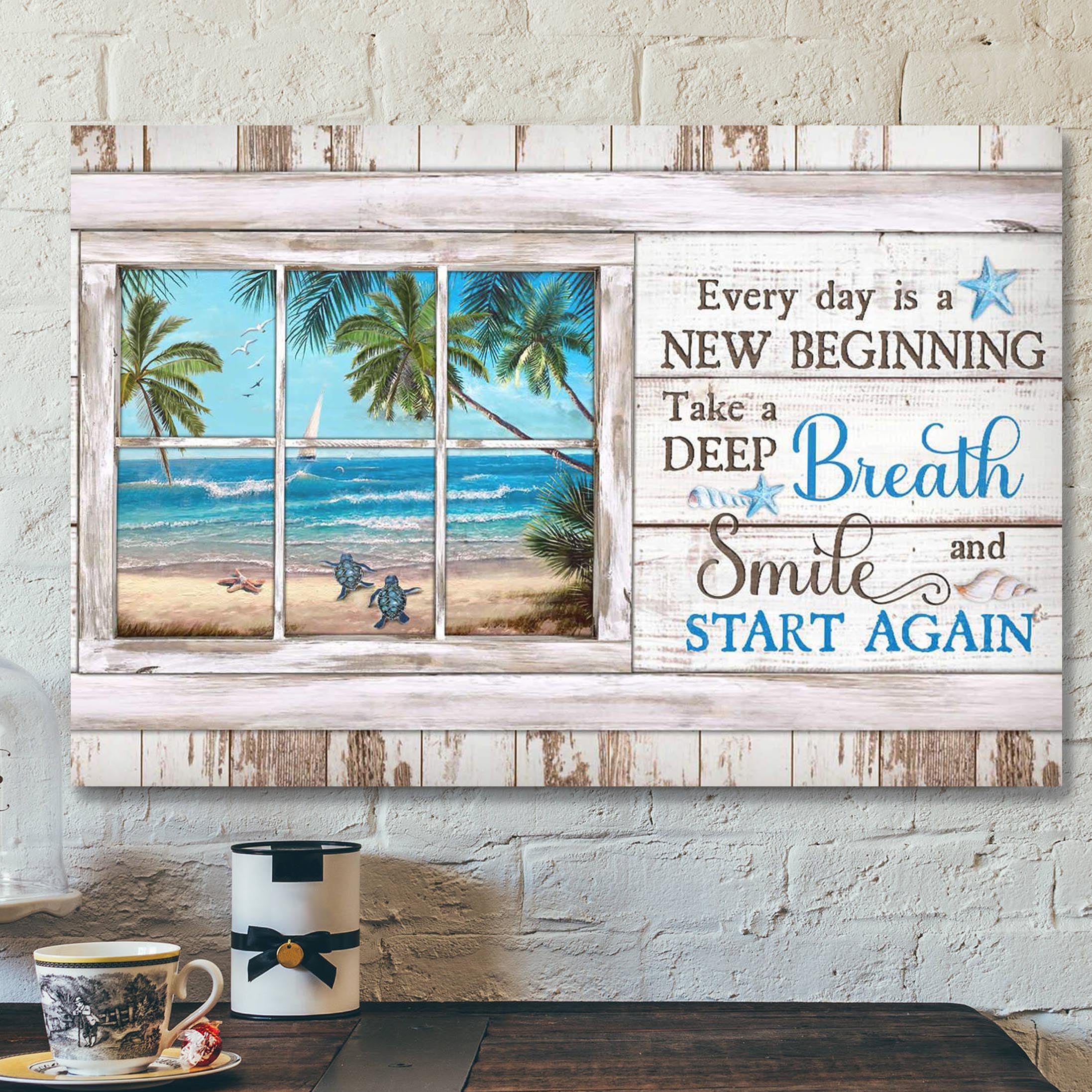 Turtle With Beach Landscape – Everyday Is A New Beginning Canvas Wall Art – Bible Verse Canvas – Scripture Canvas Wall Art