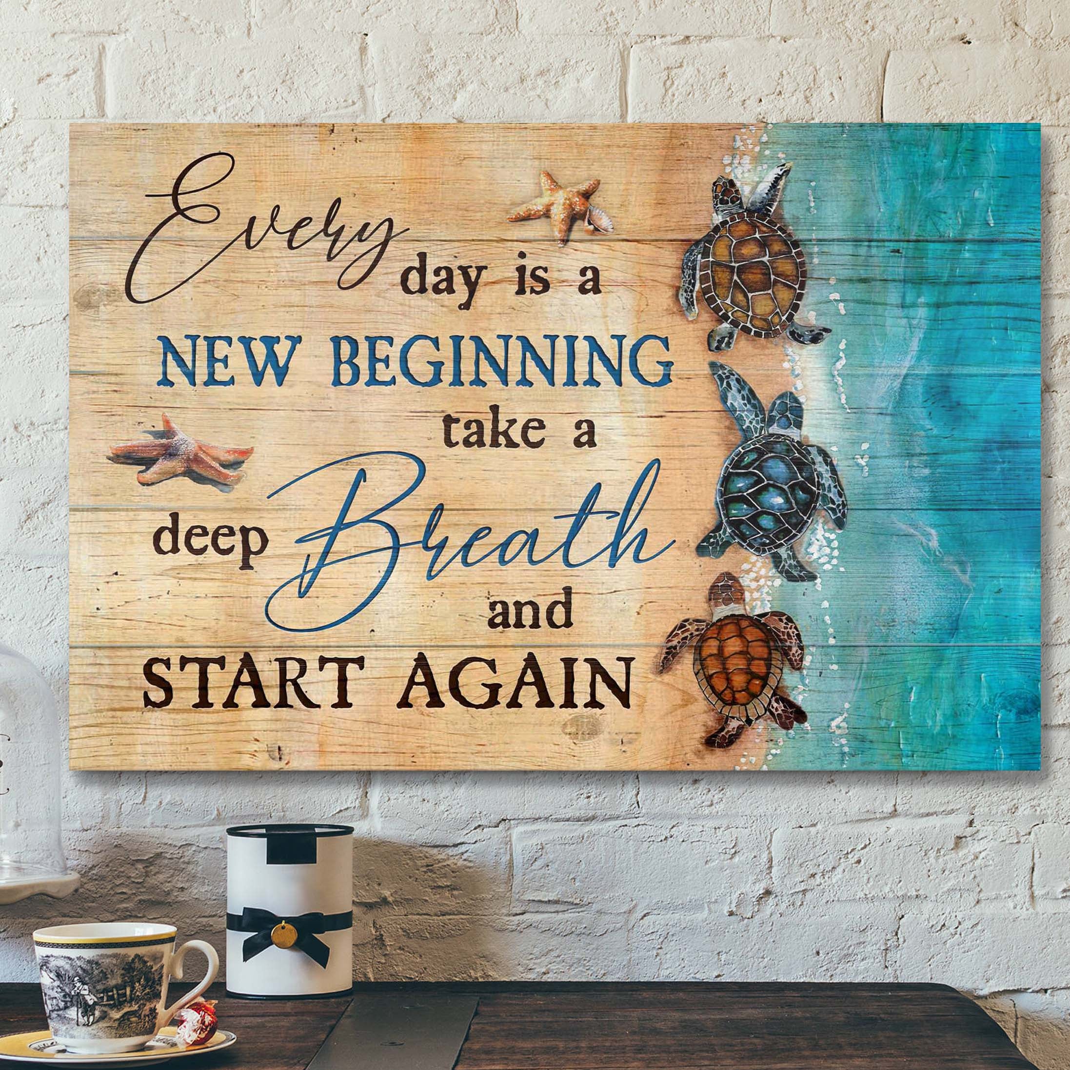 Turtles Along The Beach – Every Day Is A New Beginning Canvas Wall Art – Bible Verse Canvas – Scripture Canvas Wall Art