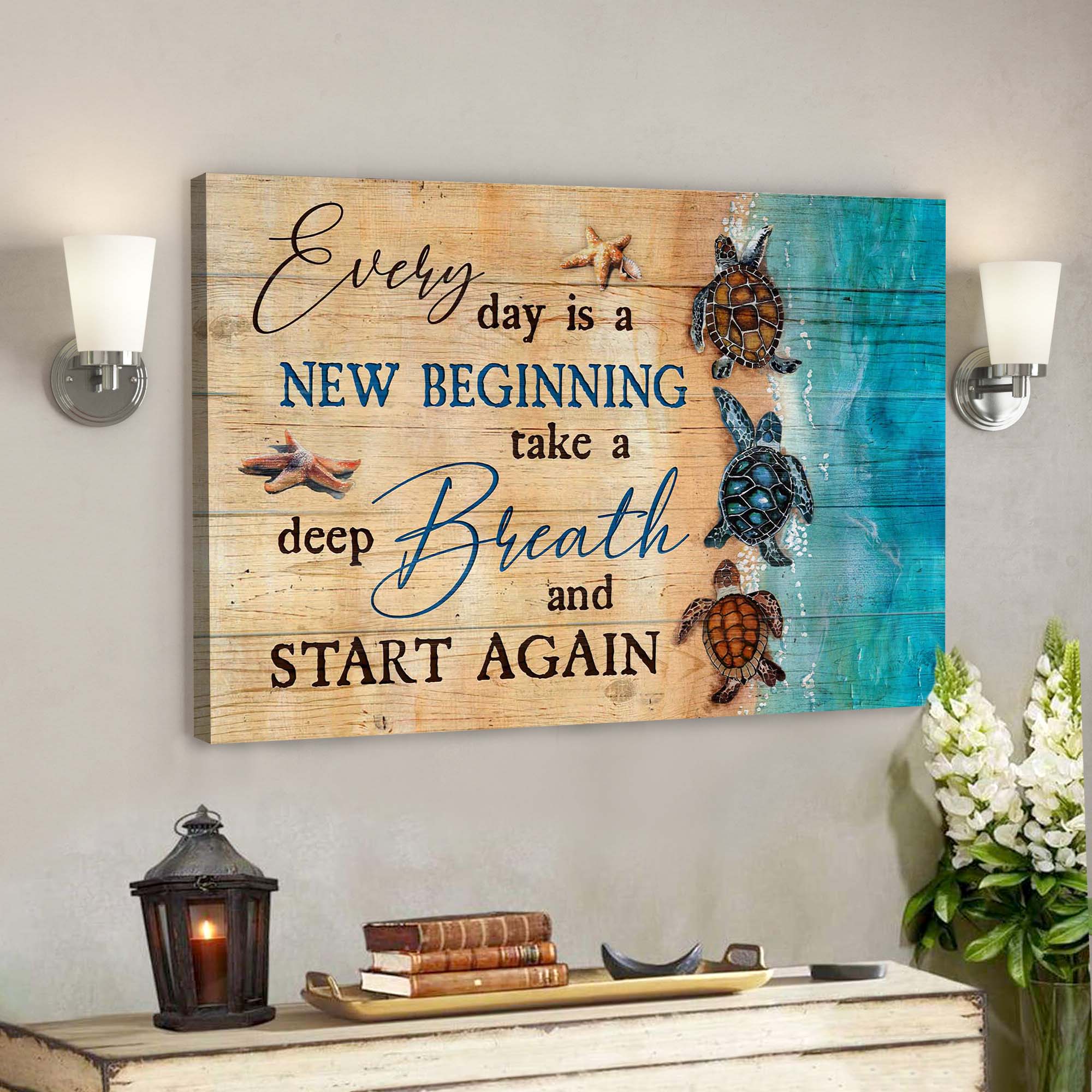 Turtles Along The Beach – Every Day Is A New Beginning Canvas Wall Art – Bible Verse Canvas – Scripture Canvas Wall Art