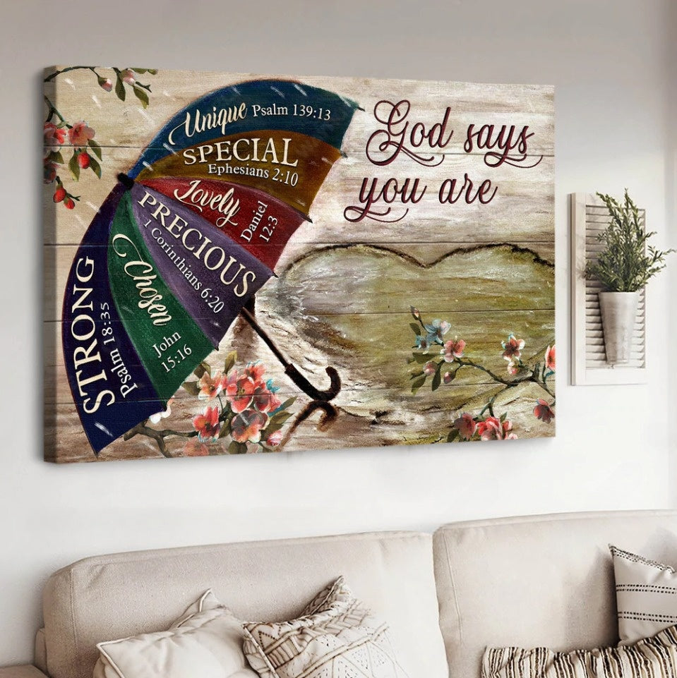 Umbrella Rainy Day God Says You Are Canvas Wall Art – Christian Poster – Religious Wall Decor