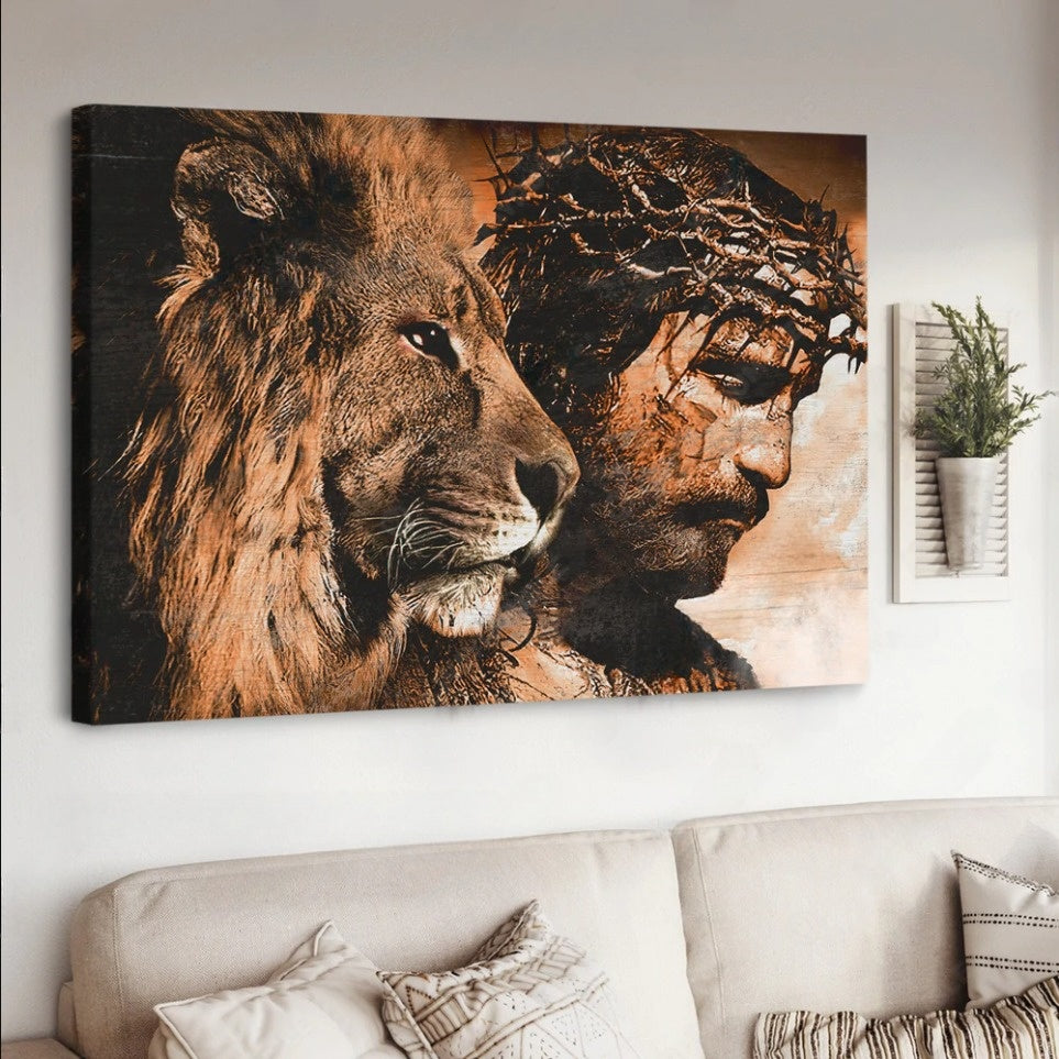 Unique Jesus Painting Amazing Lion Crown Of Thorn Canvas Wall Art – Jesus Canvas Pictures – Christian Wall Posters