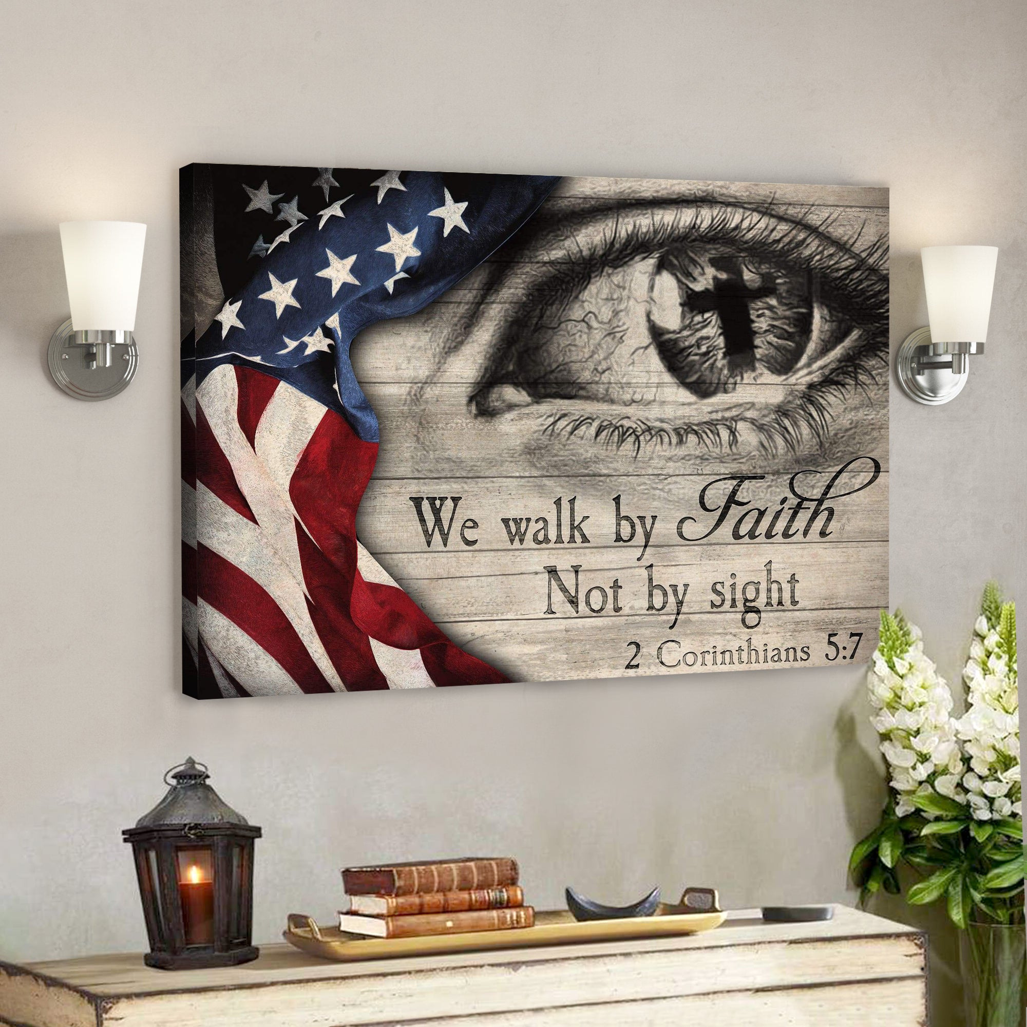 Us Flag – We Walk By Faith Not By Sight Canvas Wall Art – Bible Verse Canvas