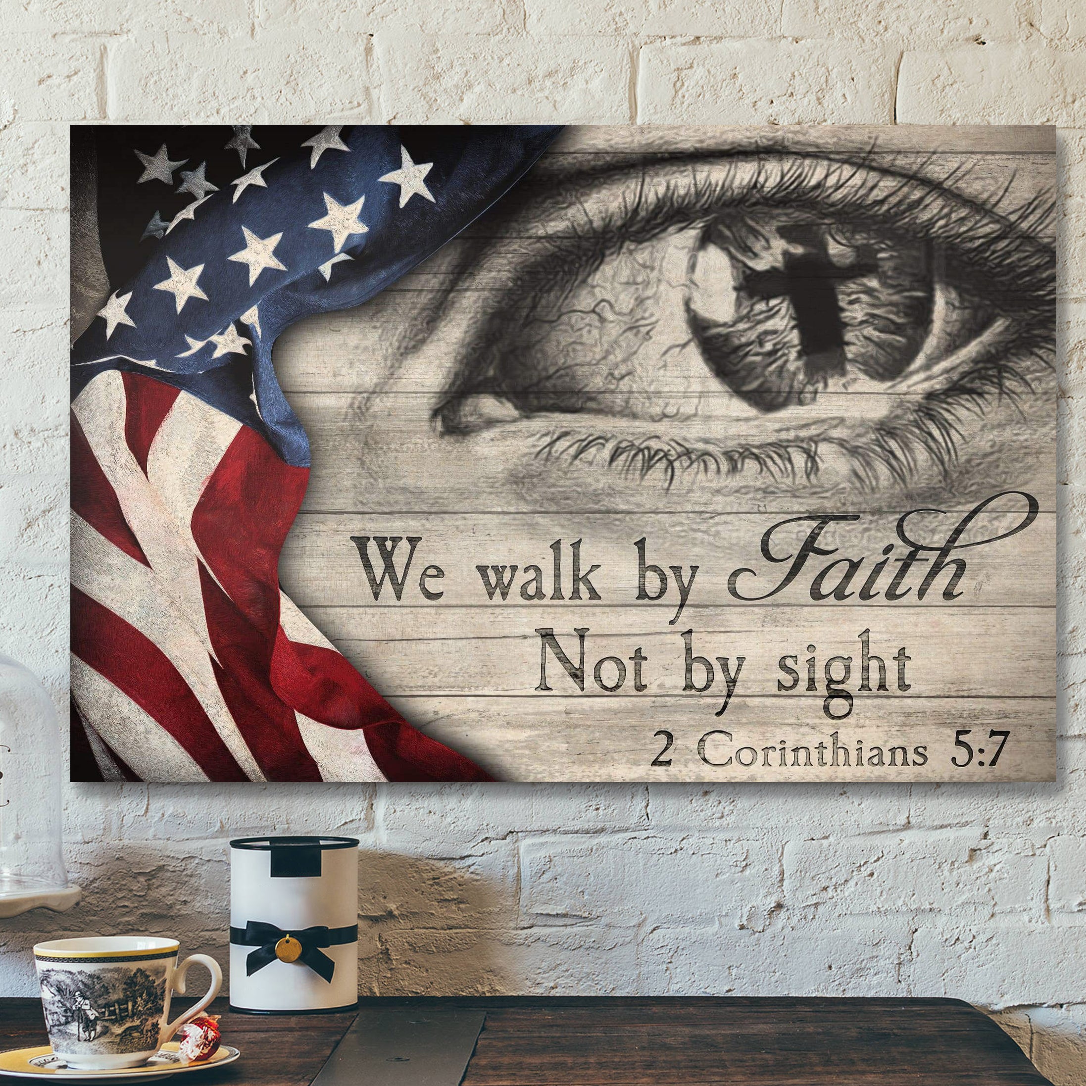 Us Flag – We Walk By Faith Not By Sight Canvas Wall Art – Bible Verse Canvas