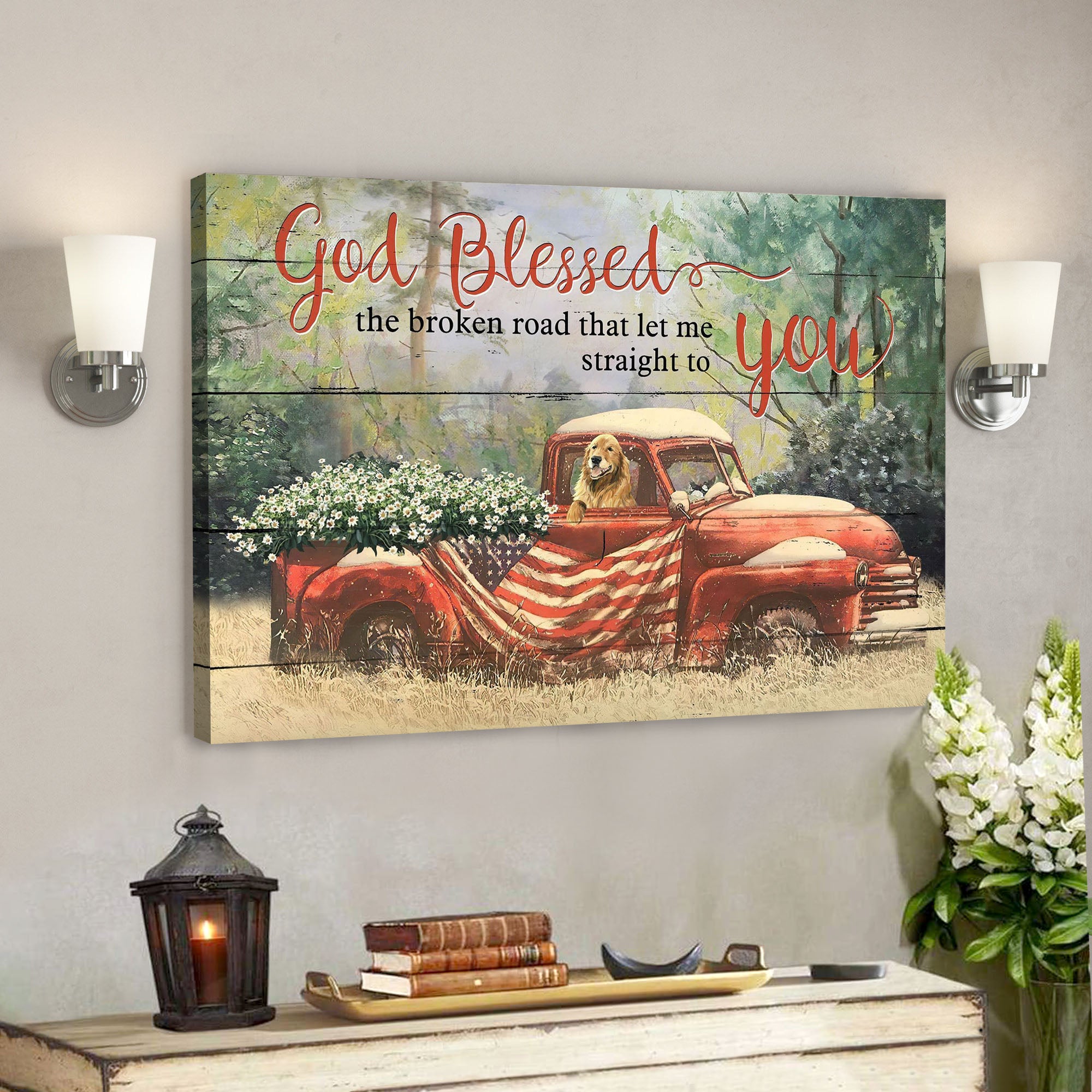 Vintage Car Carrying Daisies And Dog – God Blessed The Broken Road – Bible Verse Canvas – Scripture Canvas Wall Art