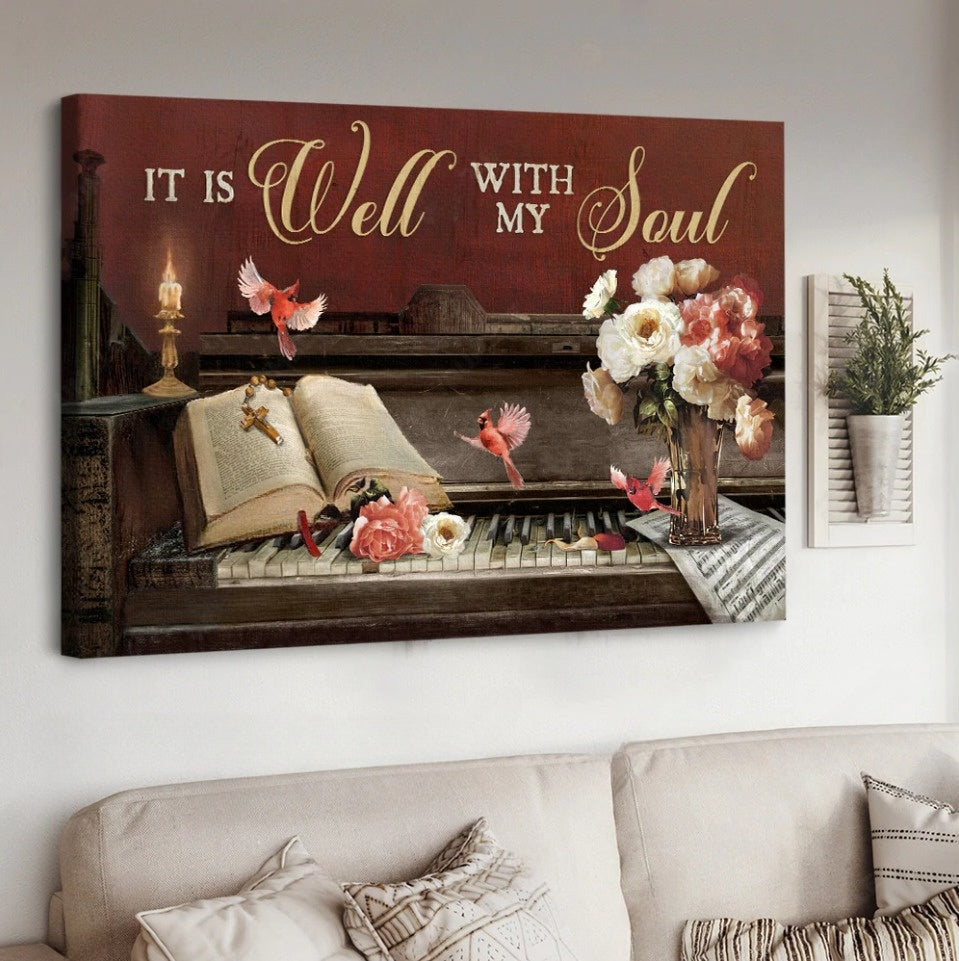 Vintage Piano Red Cardinal Bible It Is Well With My Soul Canvas Wall Art – Christian Poster – Religious Wall Decor