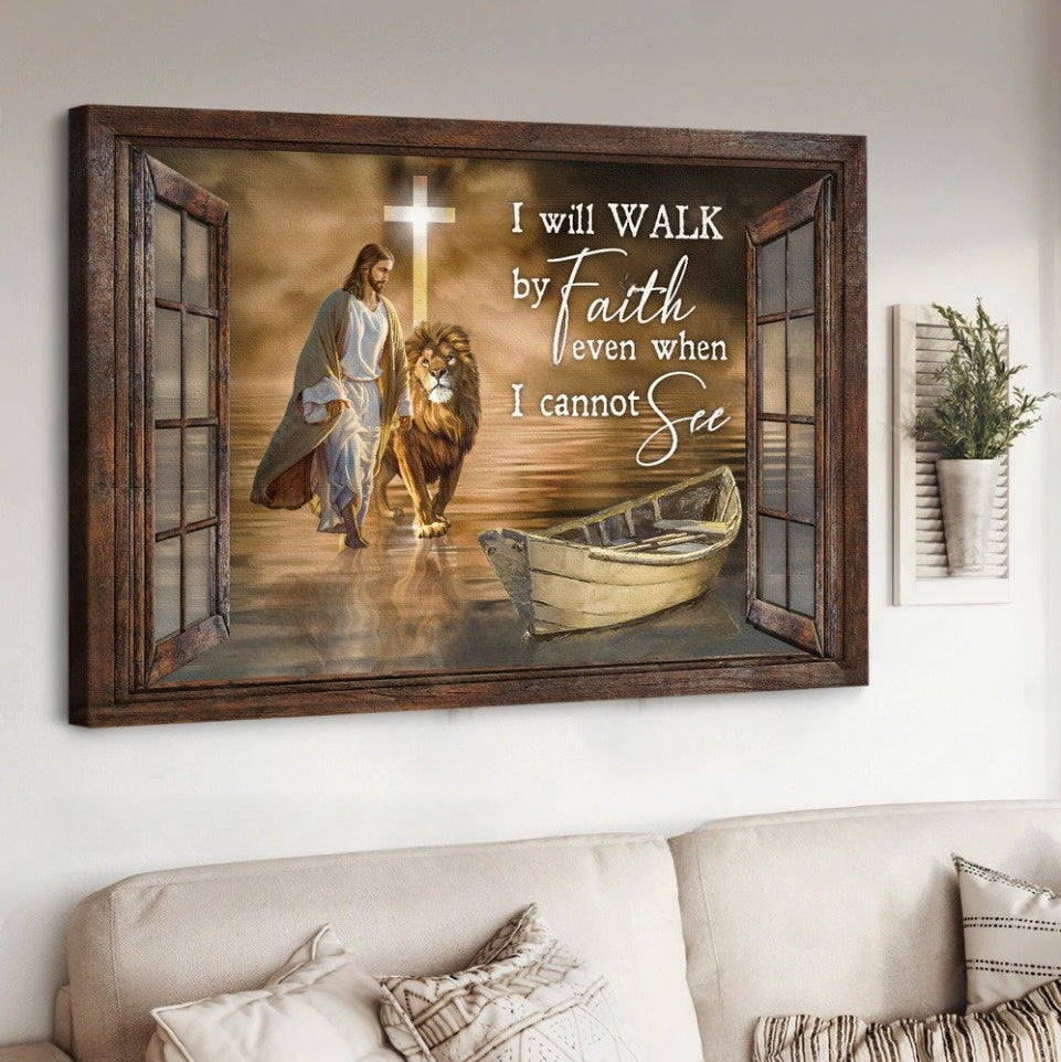 Walking On Water Jesus Lion Of Judah I Will Walk By Faith Canvas Wall Art – Jesus Canvas Pictures – Christian Wall Posters