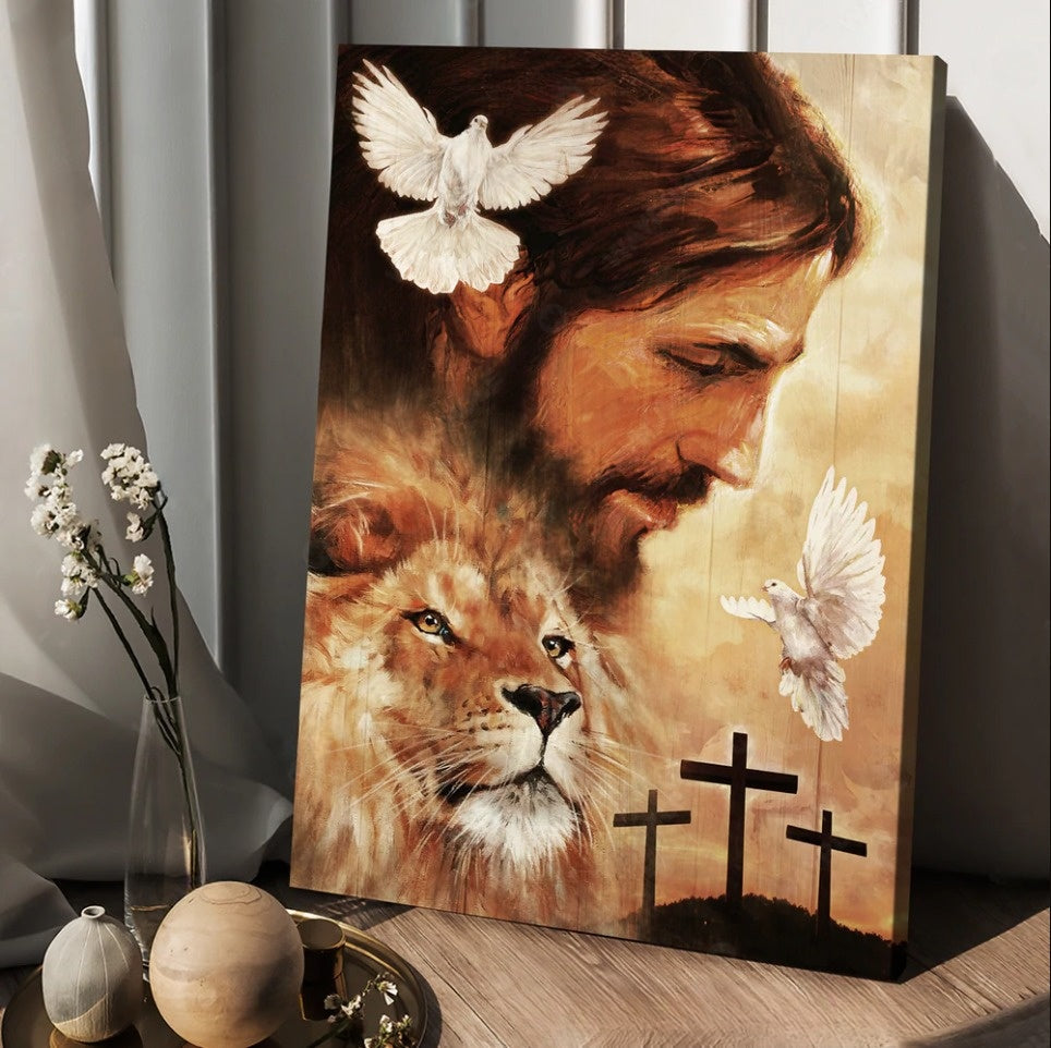 Watercolor Jesus Painting Lion Drawing Dove Canvas Wall Art – Christian Wall Posters – Religious Wall Decor