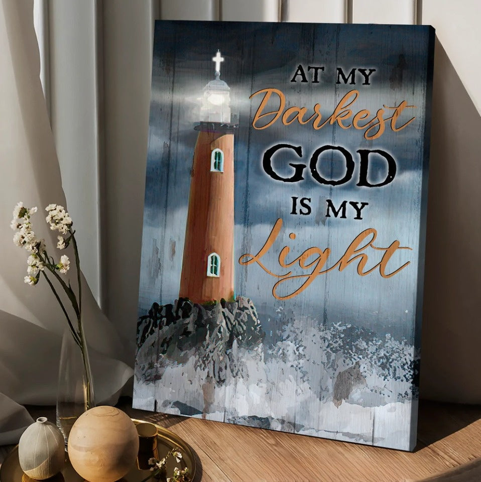 Watercolor Lighthouse Stunning Ocean At My Darkest God Is My Light Canvas Wall Art – Christian Wall Posters – Religious Wall Decor