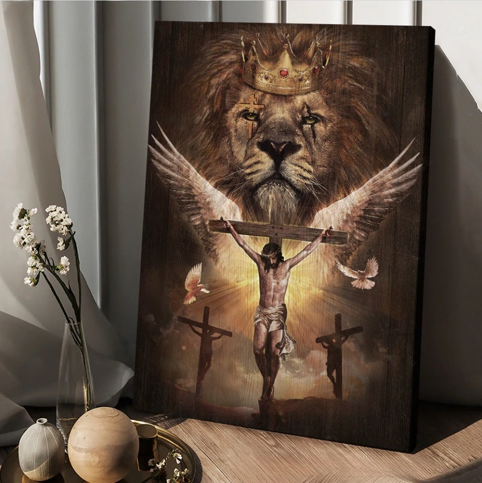 Watercolor Lion Jesus On Cross Canvas Wall Art – Christian Wall Posters – Religious Wall Decor