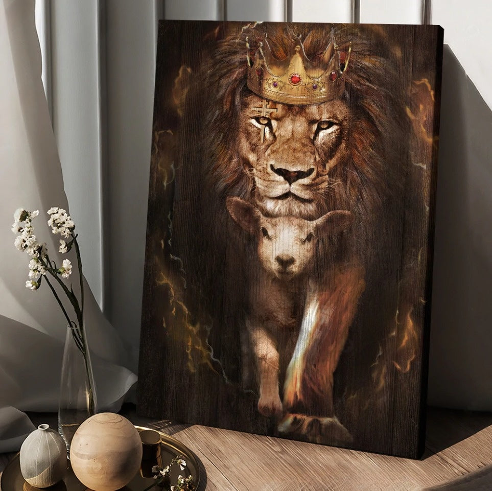 Watercolor Lion Lamb Of God Golden Crown Canvas Wall Art – Christian Wall Posters – Religious Wall Decor