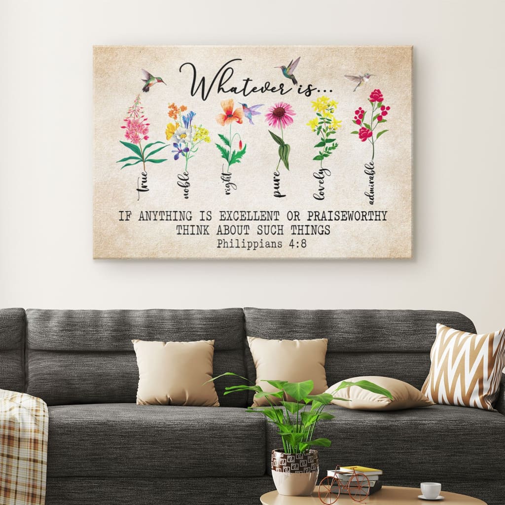 Whatever Is True Whatever Is Pure Philippians 48 Bible Verse Canvas Wall Art – Religious Wall Decor