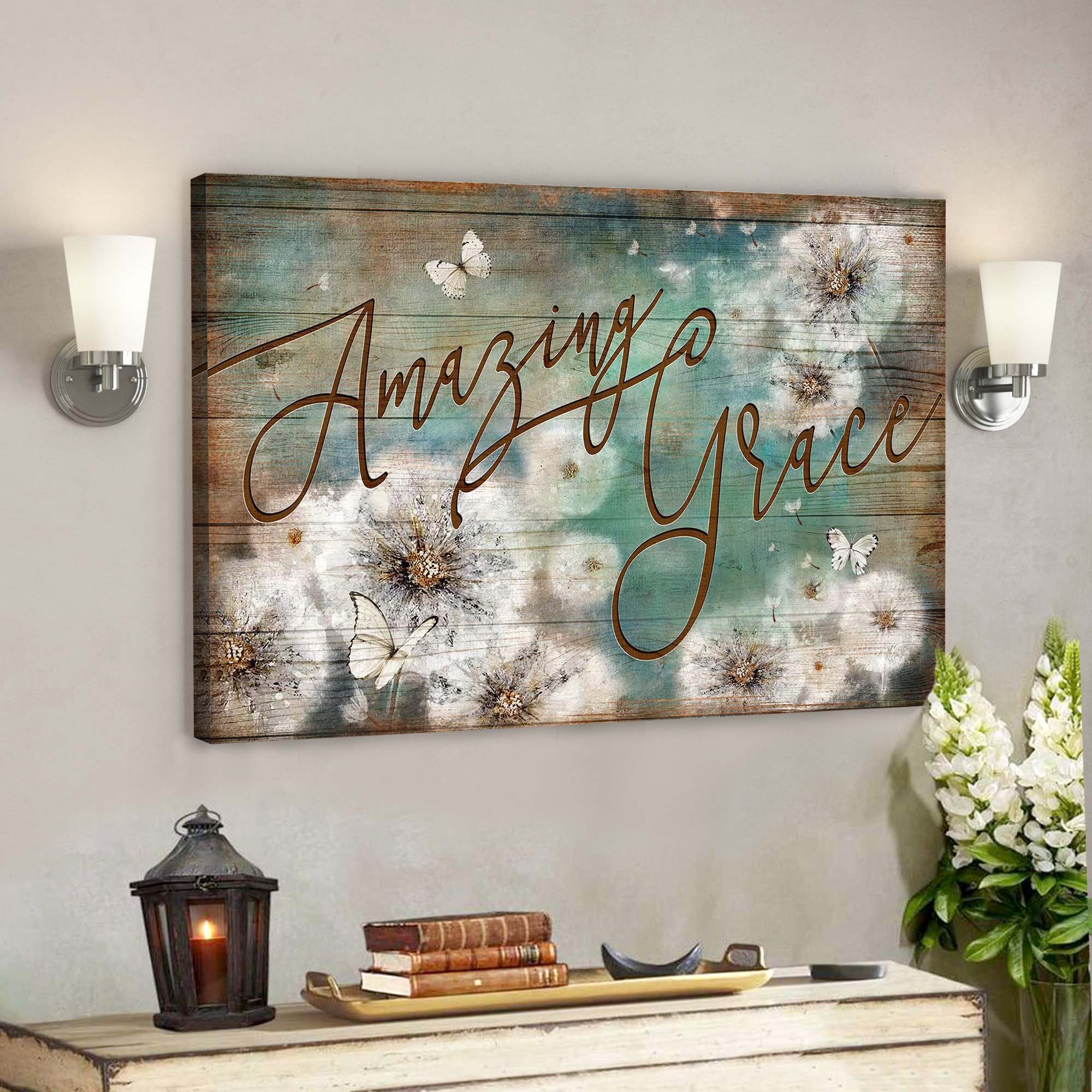 White Butterfly And Dandelion – Amazing Grace Canvas Wall Art – Bible Verse Canvas – Scripture Canvas Wall Art