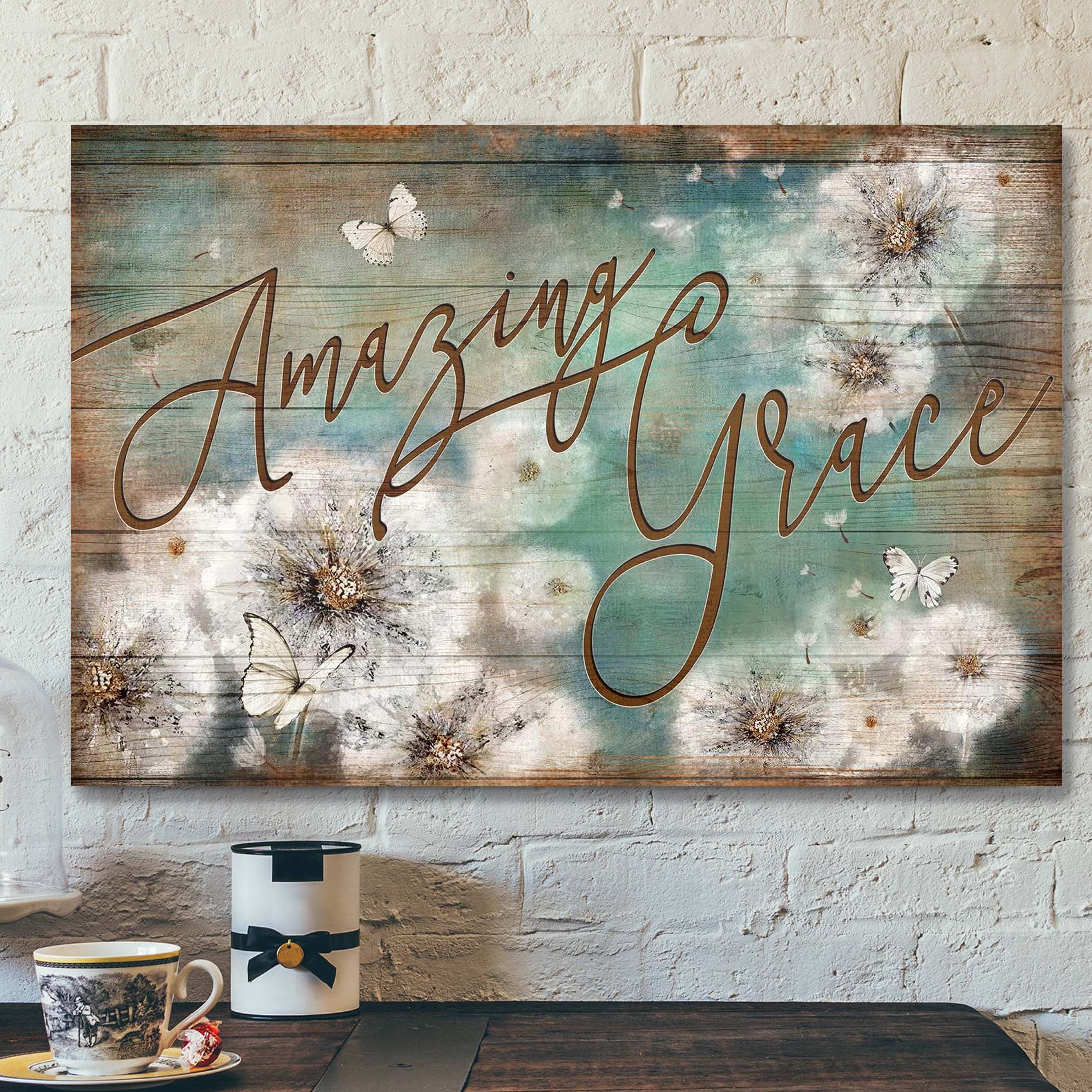 White Butterfly And Dandelion – Amazing Grace Canvas Wall Art – Bible Verse Canvas – Scripture Canvas Wall Art