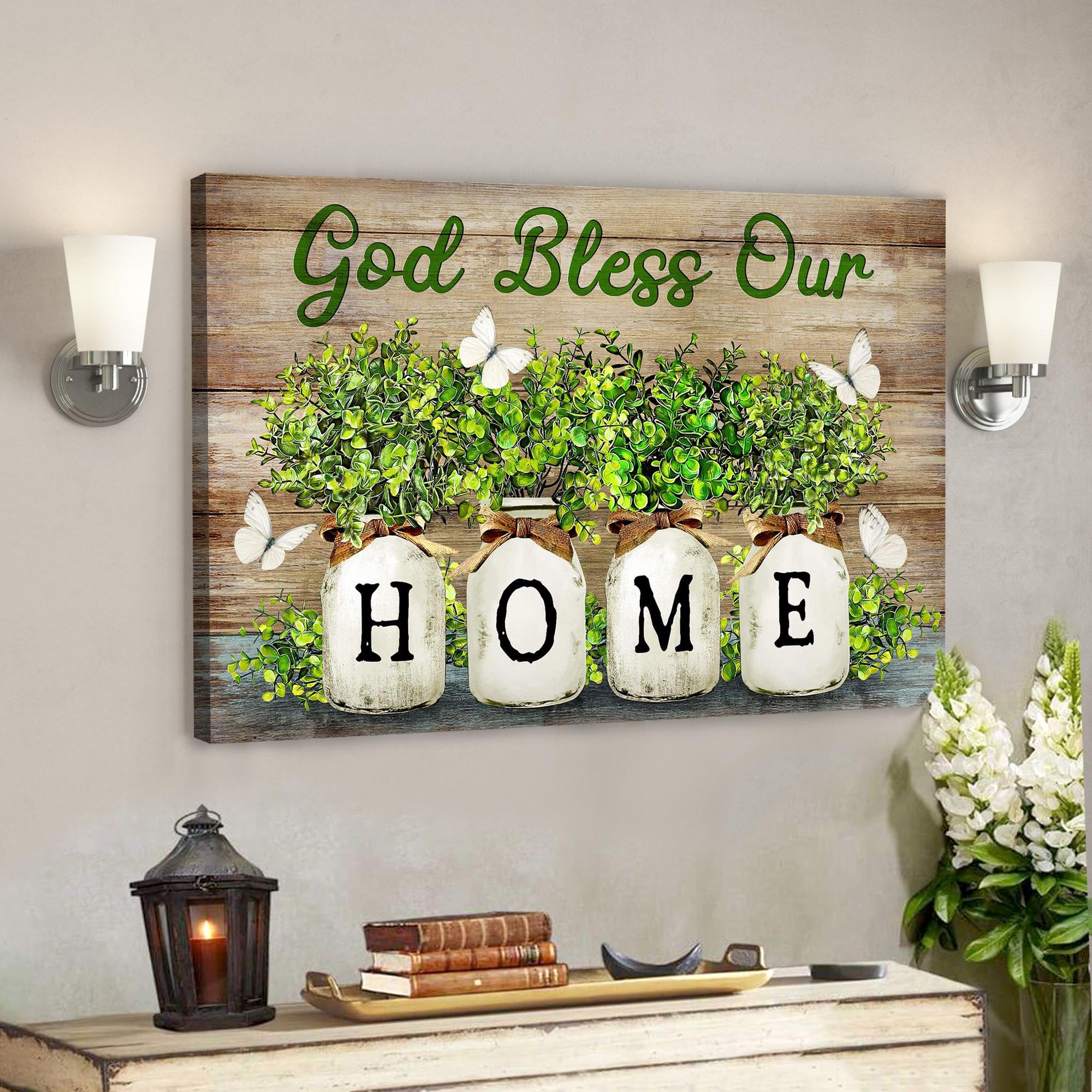 White Butterfly – God Bless Our Home Canvas Wall Art – Bible Verse Canvas