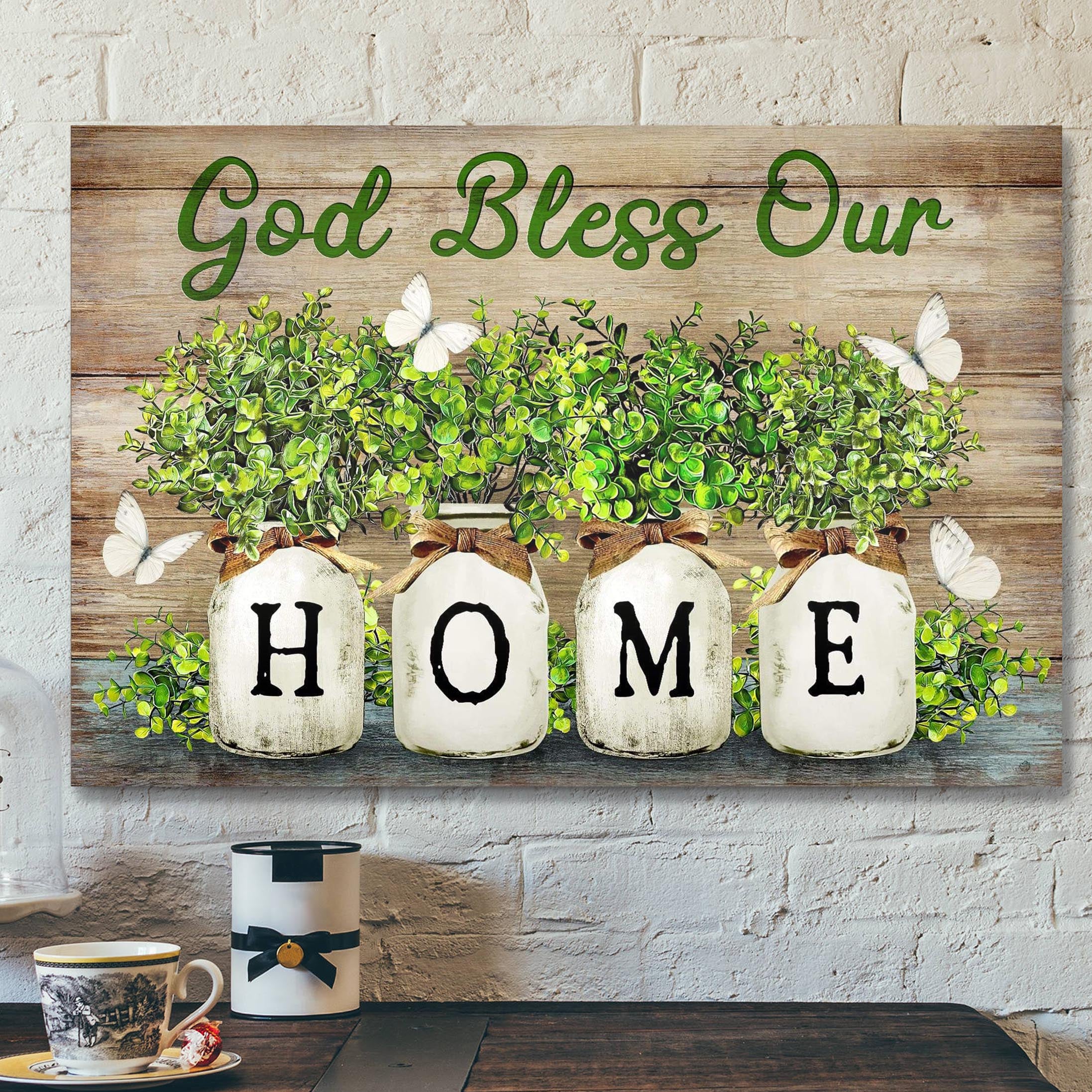 White Butterfly – God Bless Our Home Canvas Wall Art – Bible Verse Canvas