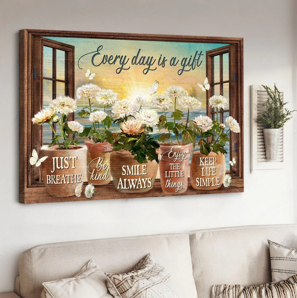 White Chrysanthemums Sunrise Ocean Every Days Is A Gift Canvas Wall Art – Christian Poster – Religious Wall Decor