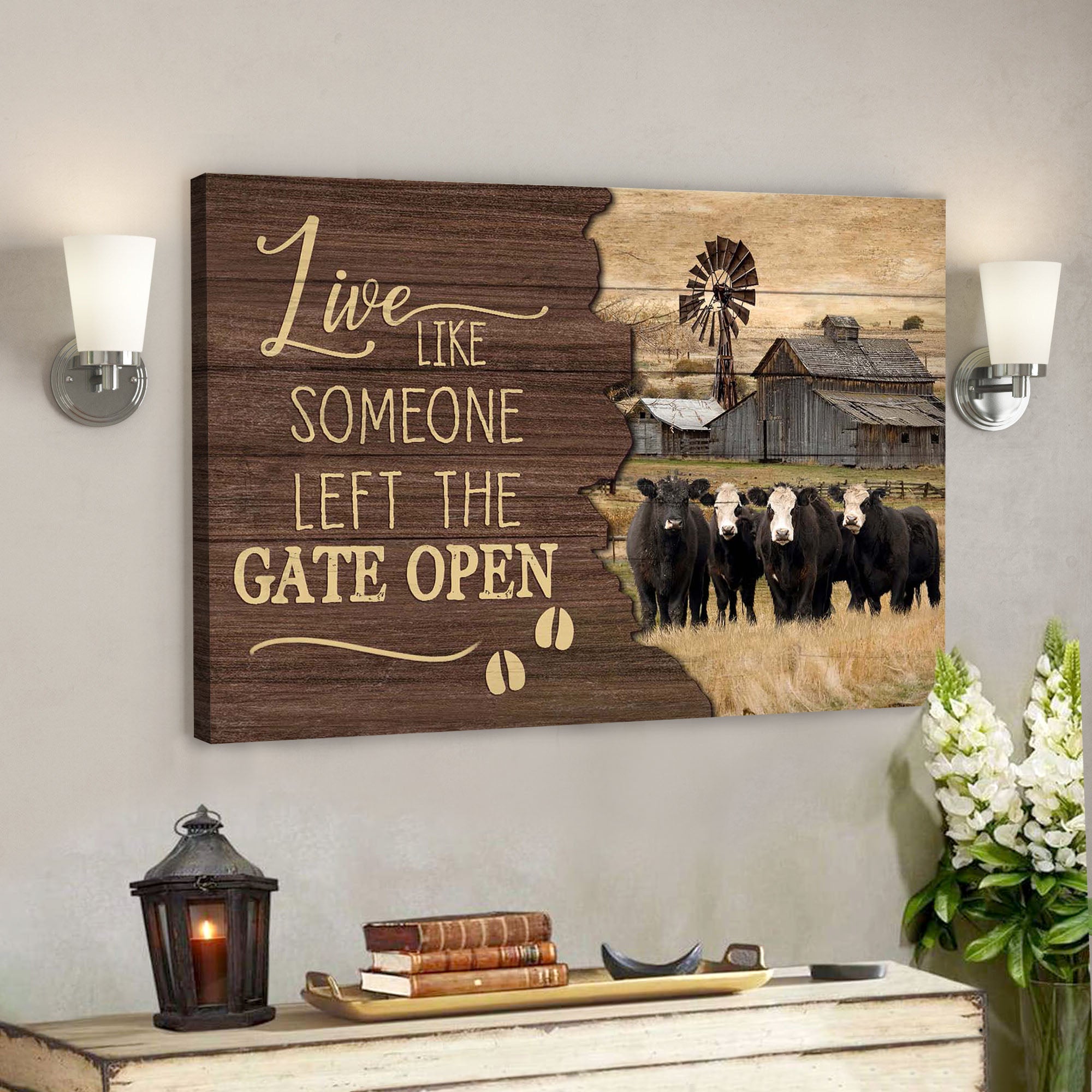 White Face Angus Cattle – Live Like Someone Left The Gate Open – Bible Verse Canvas – Scripture Canvas Wall Art